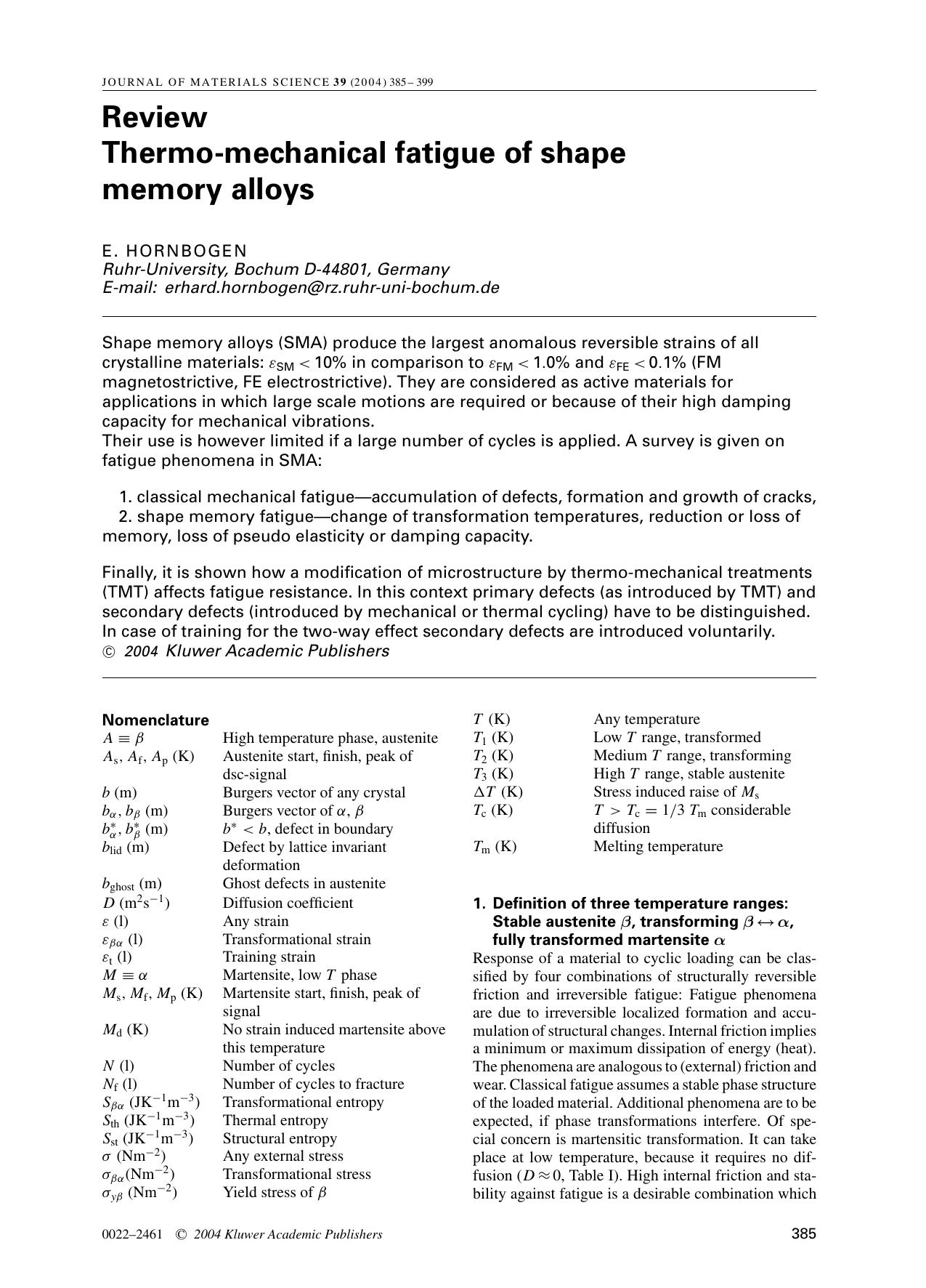 Review Thermo-mechanical fatigue of shape memory alloys by Unknown