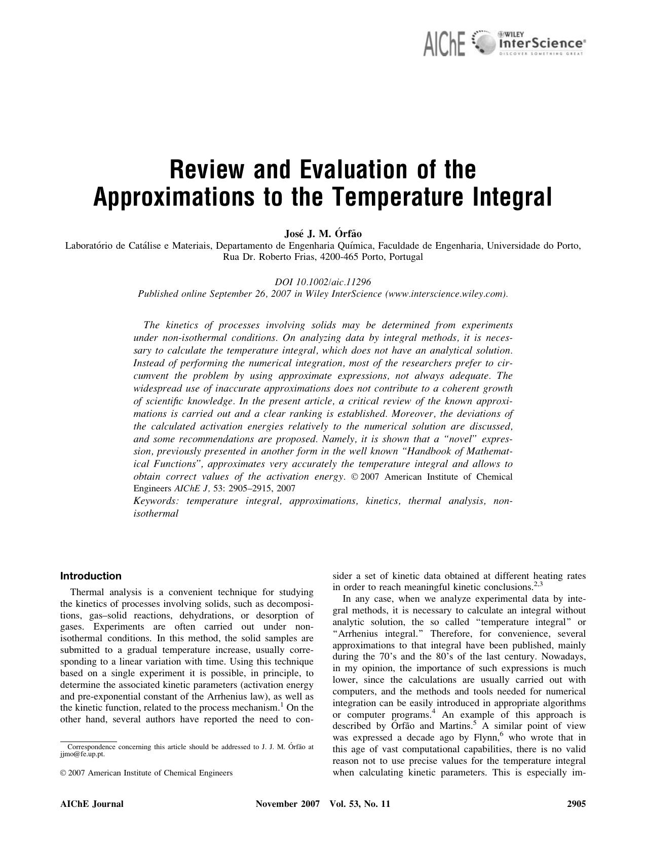 Review and evaluation of the approximations to the temperature integral by Unknown