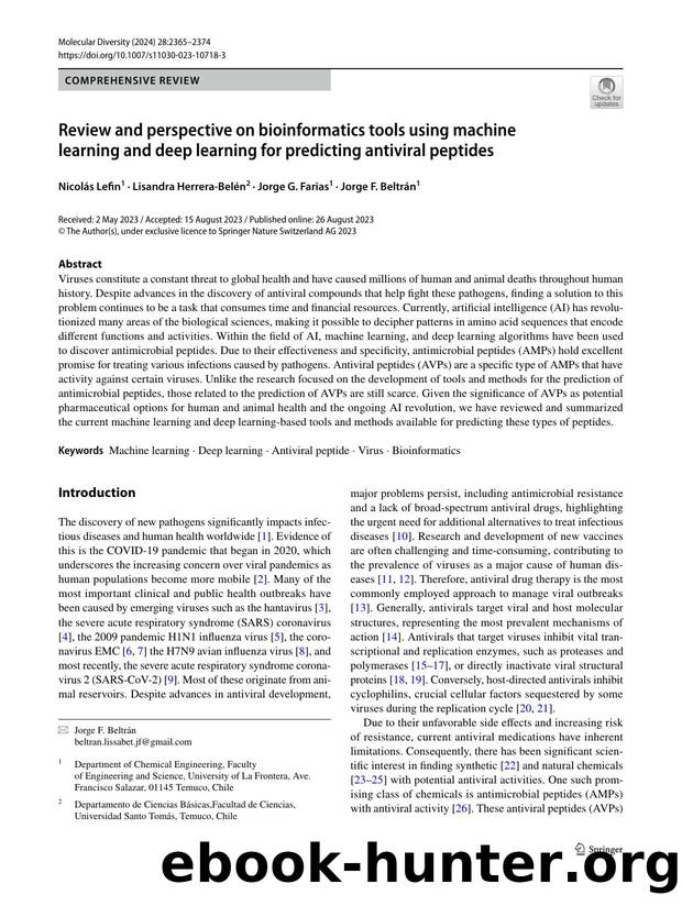 Review and perspective on bioinformatics tools using machine learning and deep learning for predicting antiviral peptides by Nicolás Lefin & Lisandra Herrera-Belén & Jorge G. Farias & Jorge F. Beltrán