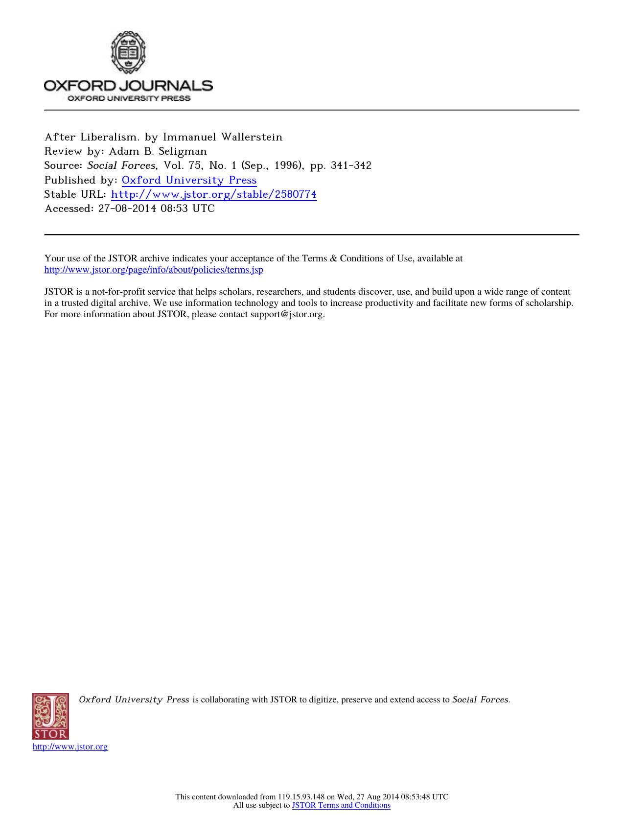 Review by Adam B. Seligman by After Liberalism. by Immanuel Wallerstein