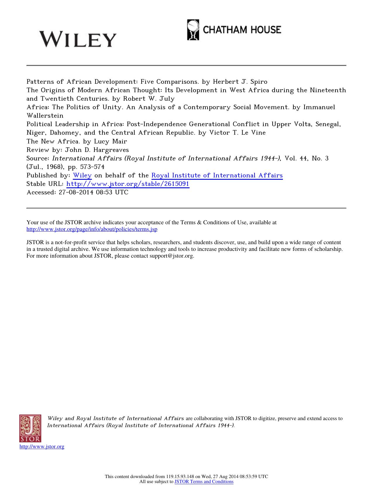 Review by Africa The Politics of Unity. An Analysis of a Contemporary Social Movement. by Immanuel Wallerstein