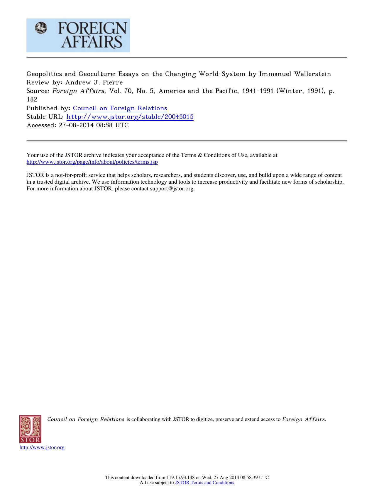 Review by Andrew J. Pierre by Geopolitics & Geoculture Essays on the Changing World-System by Immanuel Wallerstein