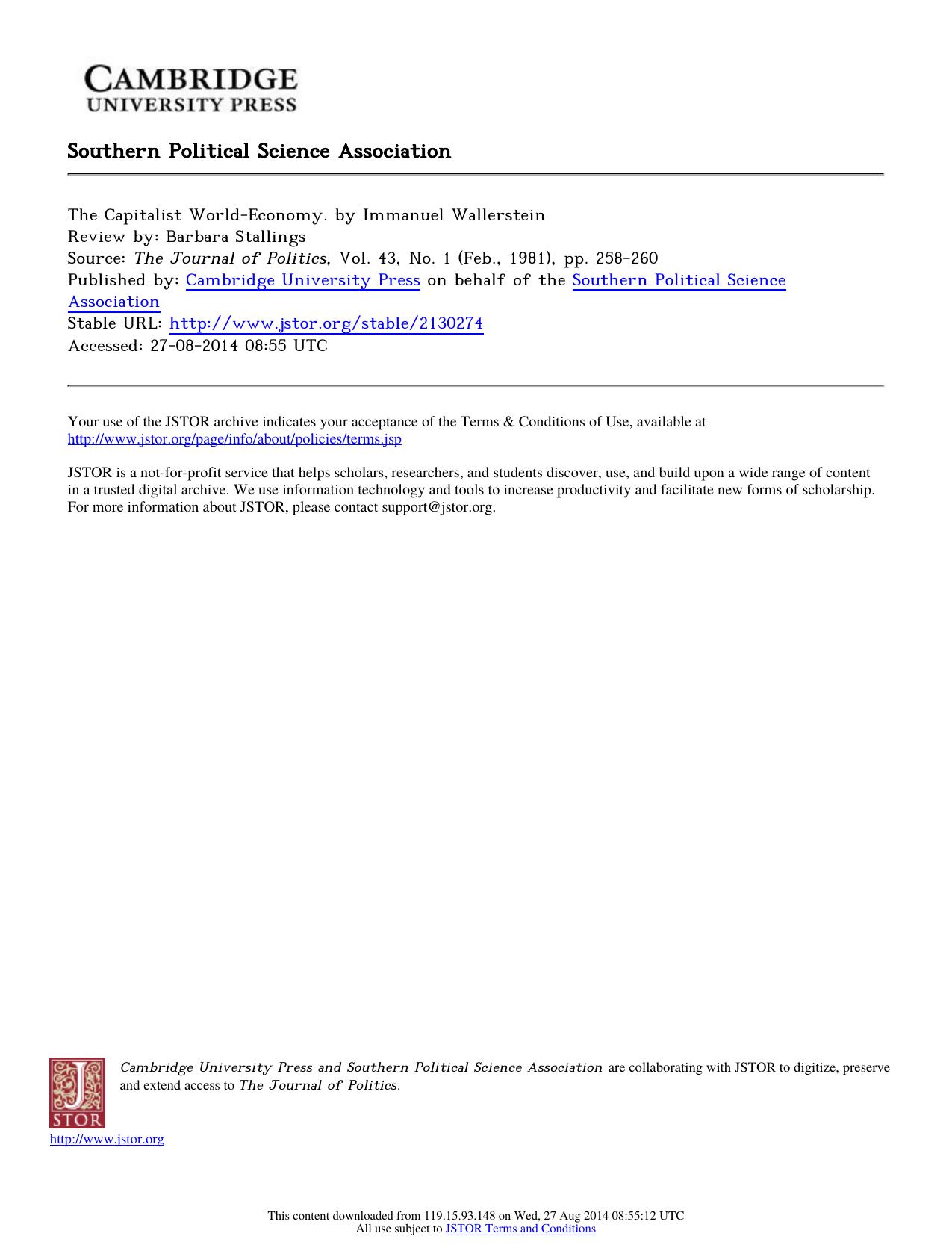 Review by Barbara Stallings by The Capitalist World-Economy. by Immanuel Wallerstein
