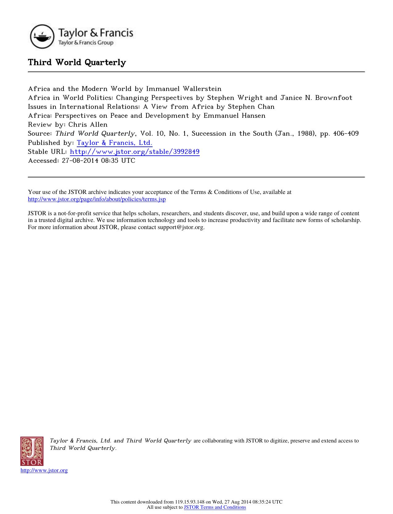 Review by Chris Allen by World by Immanuel Wallerstein Africa in World Politics