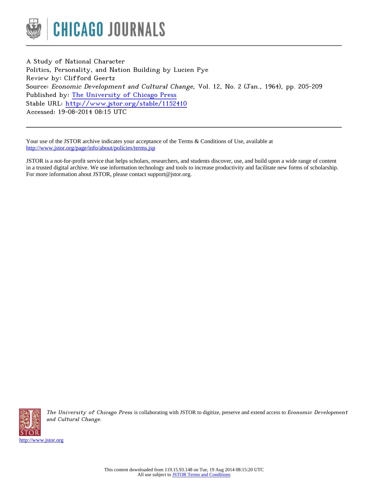 Review by Clifford Geertz by A Study of National Character Politics Personality & Nation Building by Lucien Pye