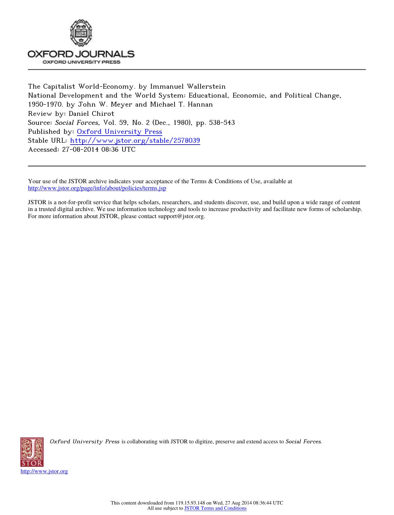 Review by Daniel Chirot by The Capitalist World-Economy. by Immanuel Wallerstein