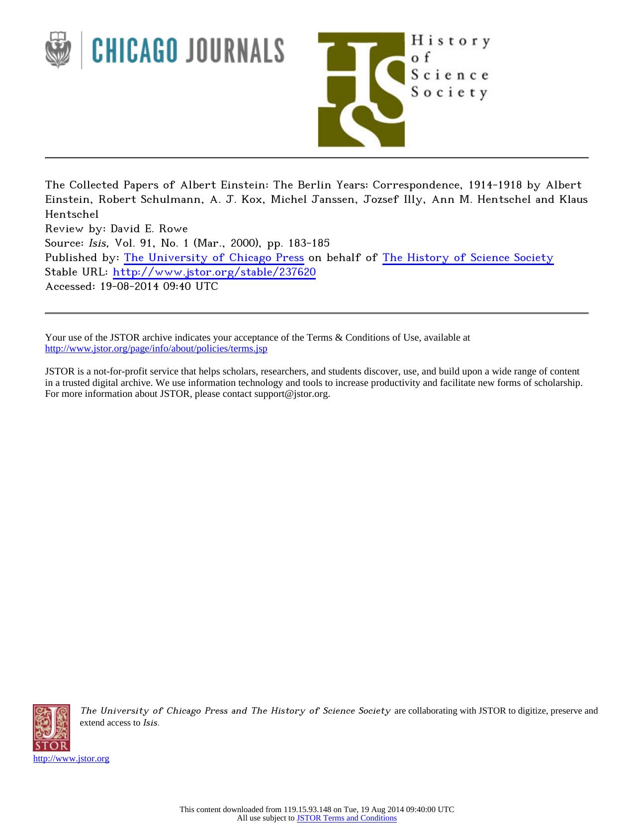 Review by David E. Rowe by The Collected Papers of Albert Einstein The Berlin Years Correspondence