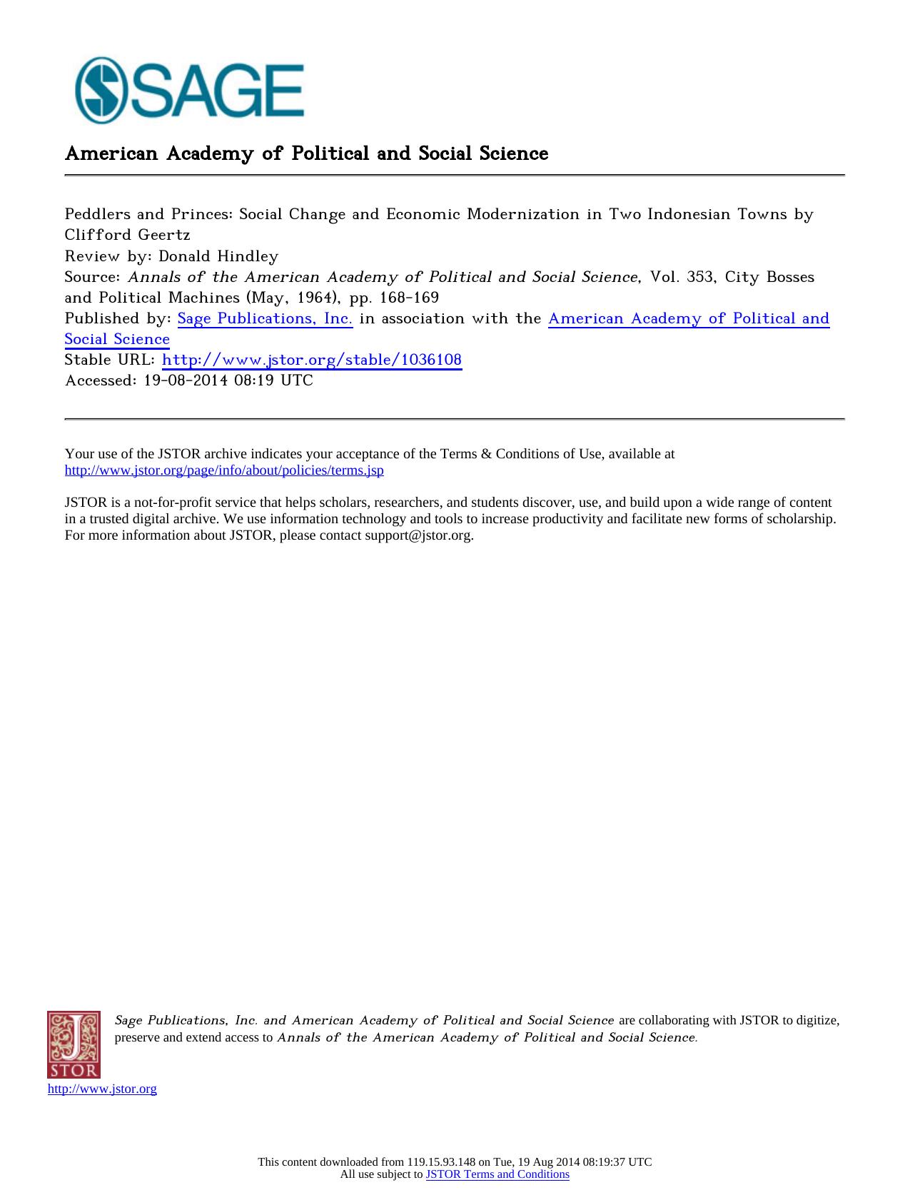 Review by Donald Hindley by Peddlers & Princes Social Change by Clifford Geertz