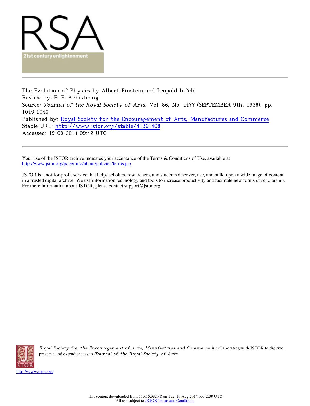 Review by E. F. Armstrong by The Evolution of Physics by Albert Einstein & Leopold Infeld