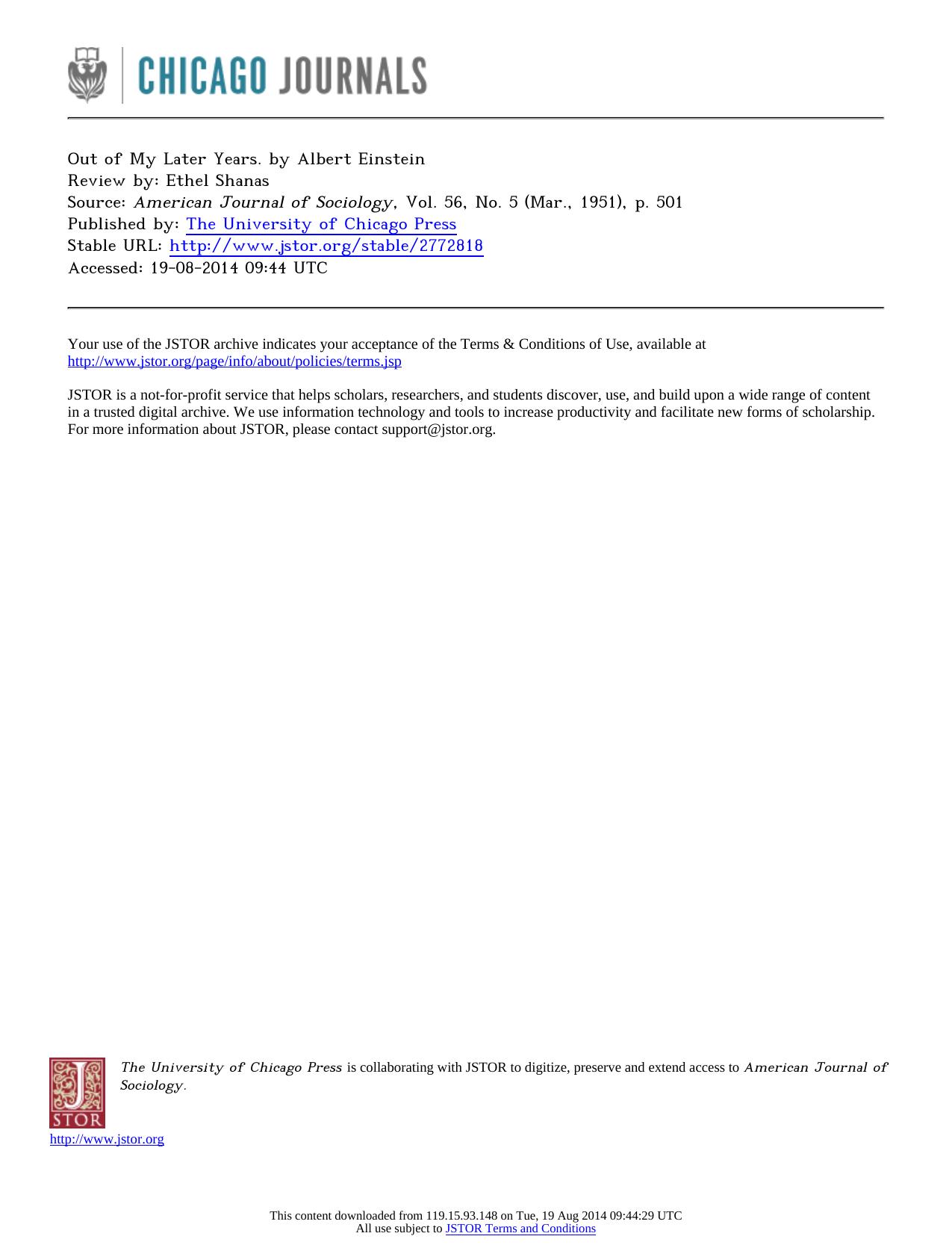 Review by Ethel Shanas by Out of My Later Years. by Albert Einstein