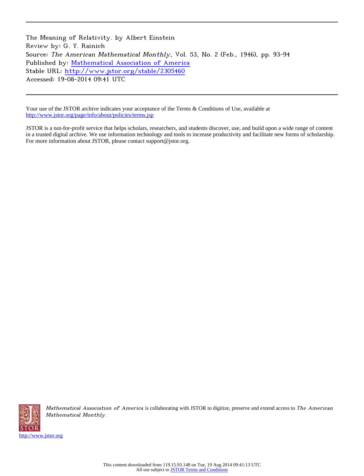 Review by G. Y. Rainich by The Meaning of Relativity. by Albert Einstein