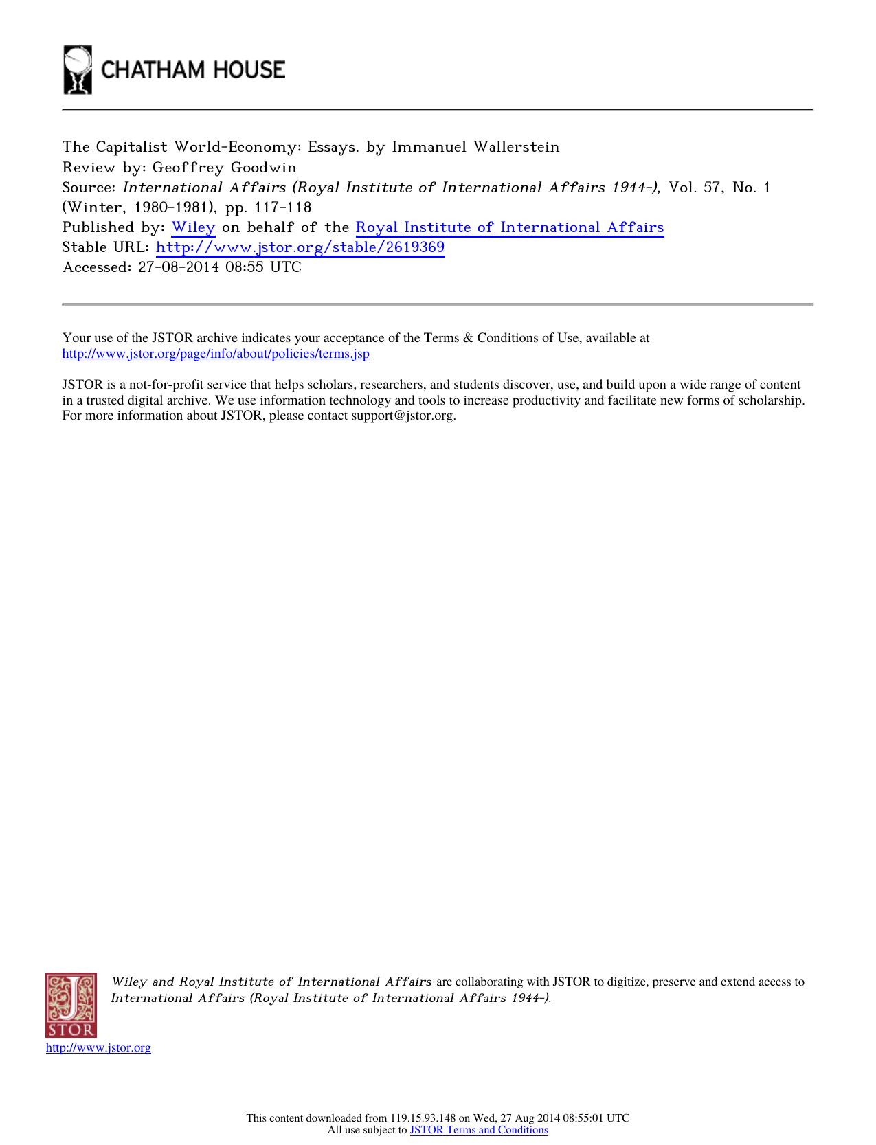 Review by Geoffrey Goodwin by The Capitalist World-Economy Essays. by Immanuel Wallerstein