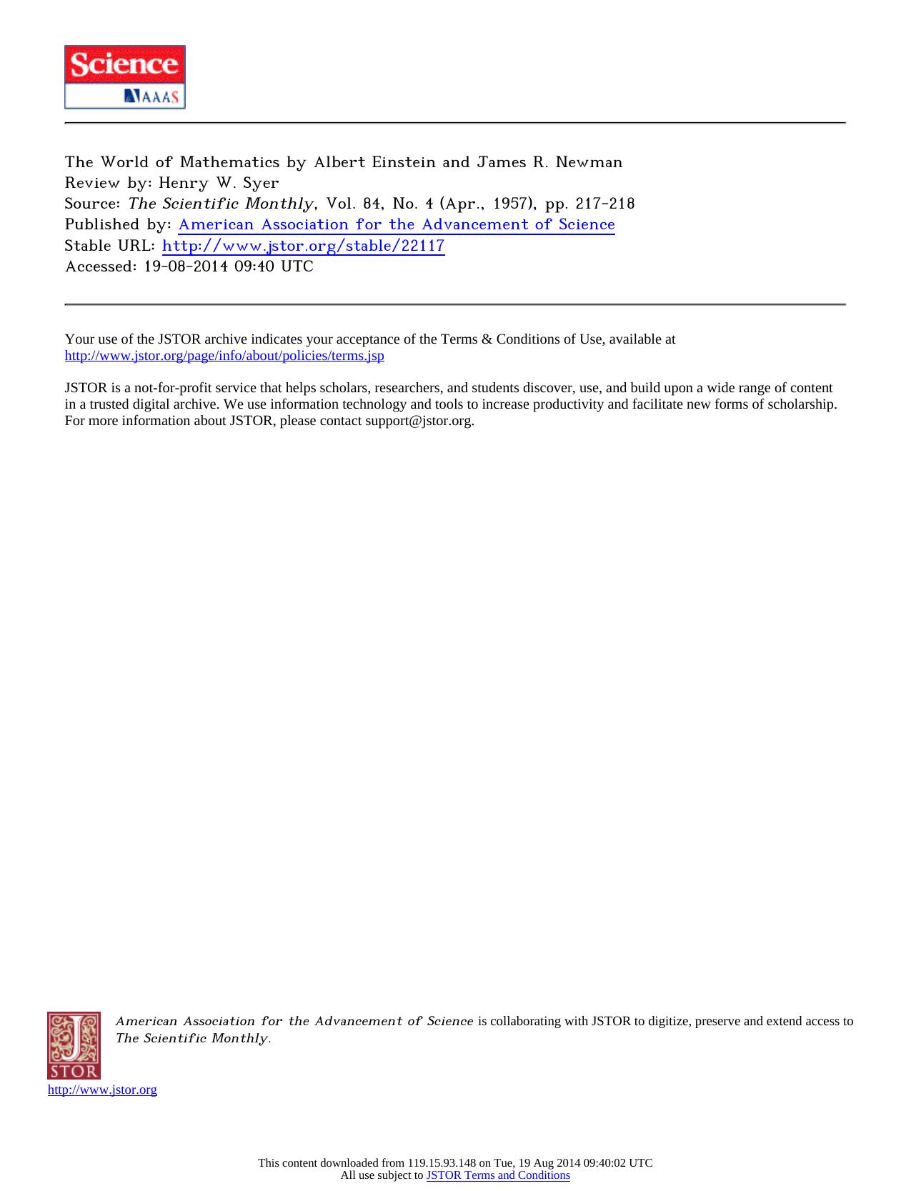 Review by Henry W. Syer by The World of Mathematics by Albert Einstein & James R. Newman