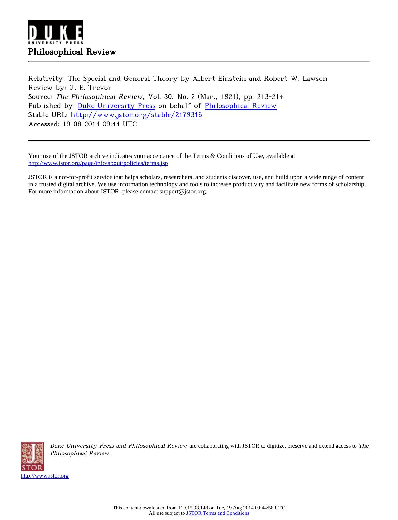 Review by J. E. Trevor by Relativity. The Special & General Theory by Albert Einstein & Robert W. Lawson