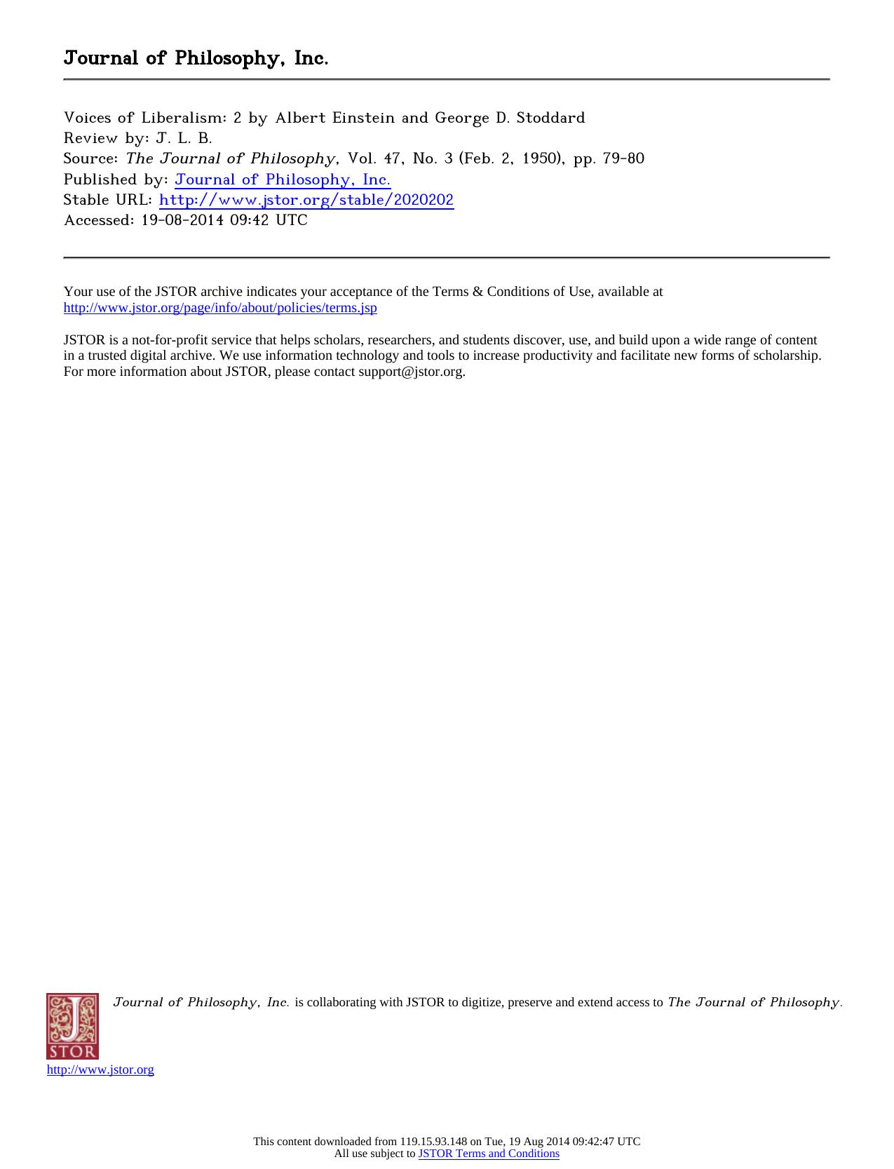 Review by J. L. B. by Voices of Liberalism 2 by Albert Einstein & George D. Stoddard