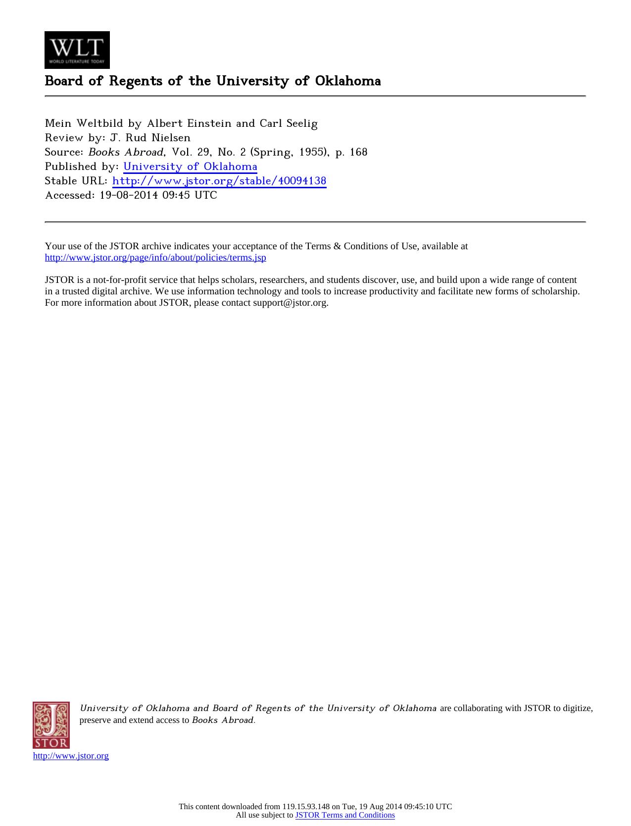 Review by J. Rud Nielsen by Mein Weltbild by Albert Einstein & Carl Seelig