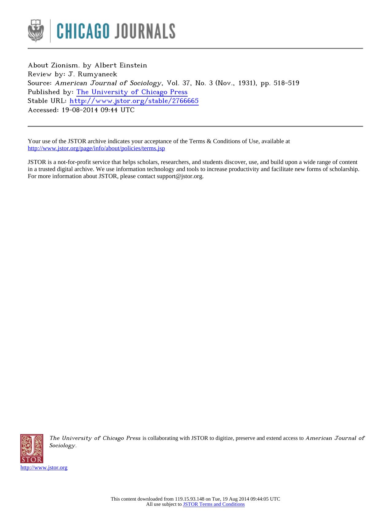 Review by J. Rumyaneck by About Zionism. by Albert Einstein