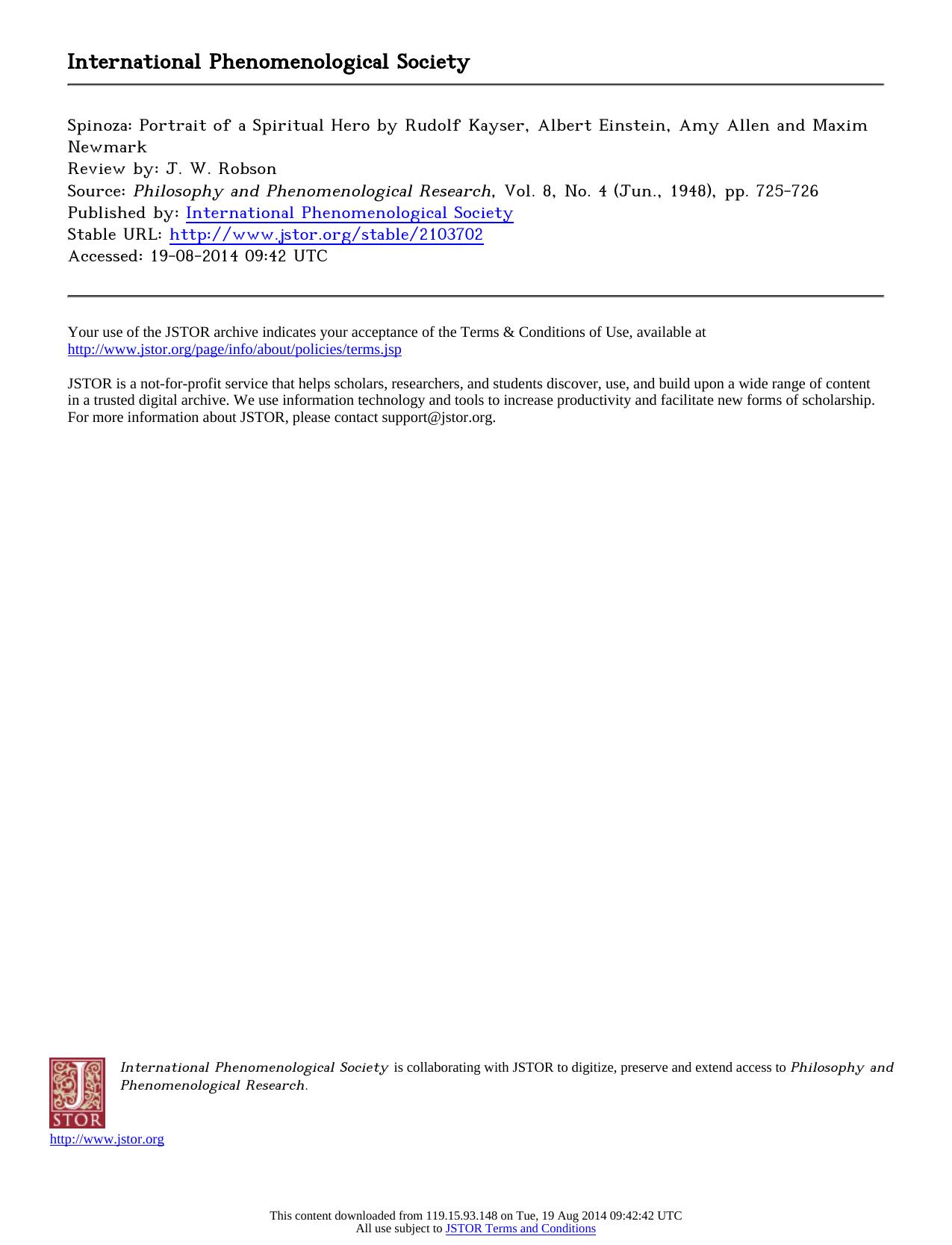 Review by J. W. Robson by Spinoza Portrait of a Spiritual Hero by Rudolf Kayser Albert Einstein Amy Allen & Maxim Newmark