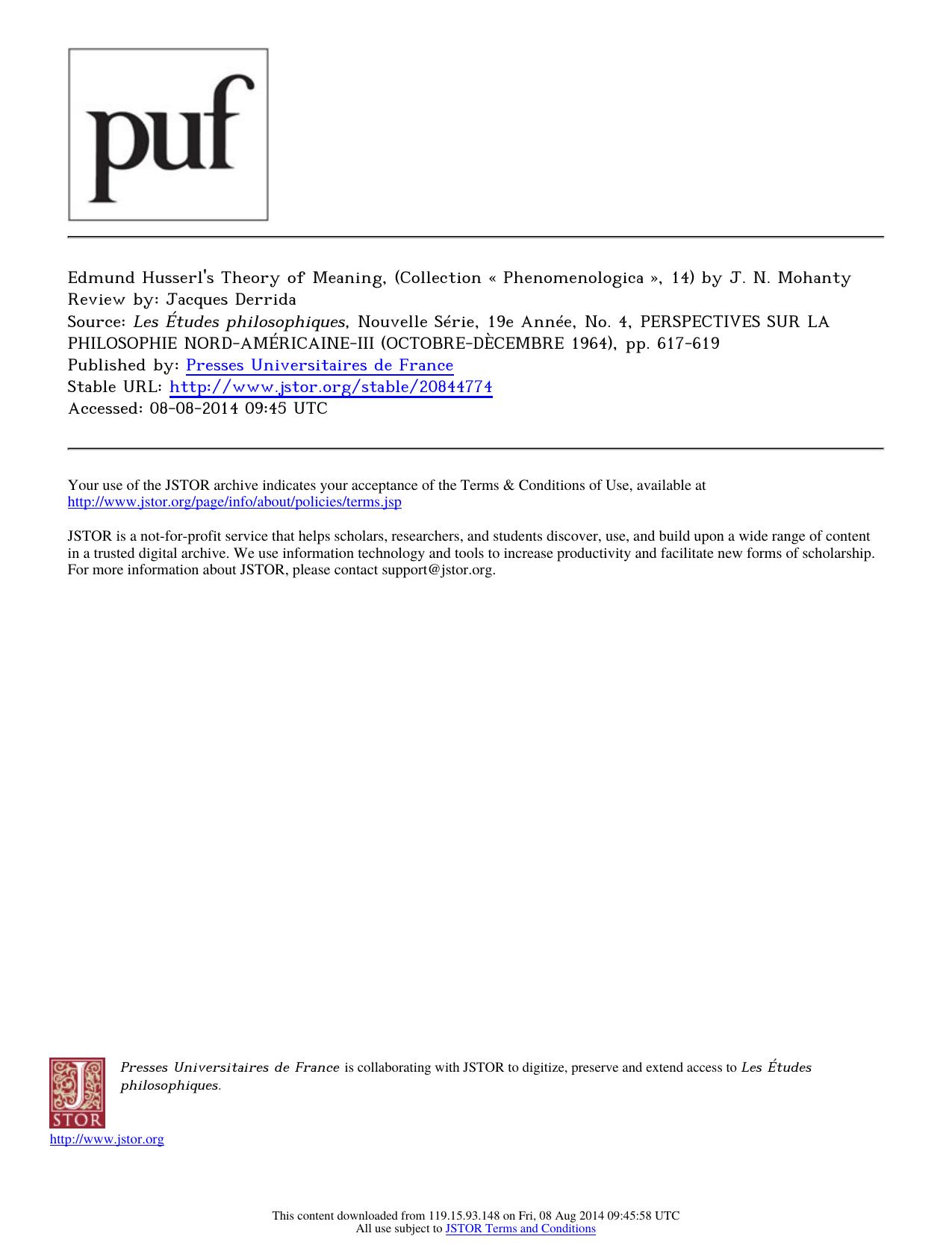 Review by Jacques Derrida by Edmund Husserl's Theory of Meaning (Collection « Phenomenologica » 14) by J. N. Mohanty