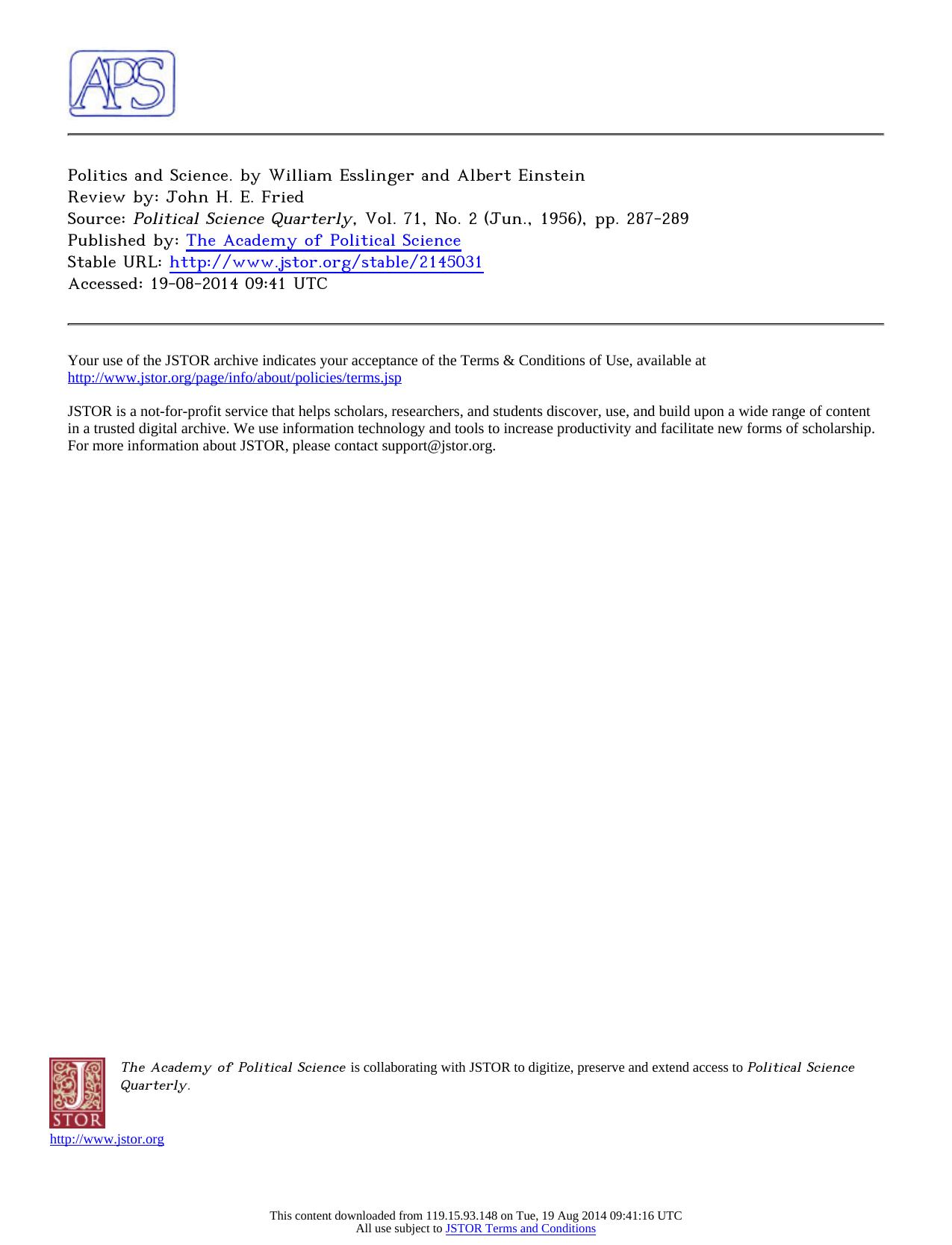 Review by John H. E. Fried S by Politics & Science. by William Esslinger & Albert Einstein