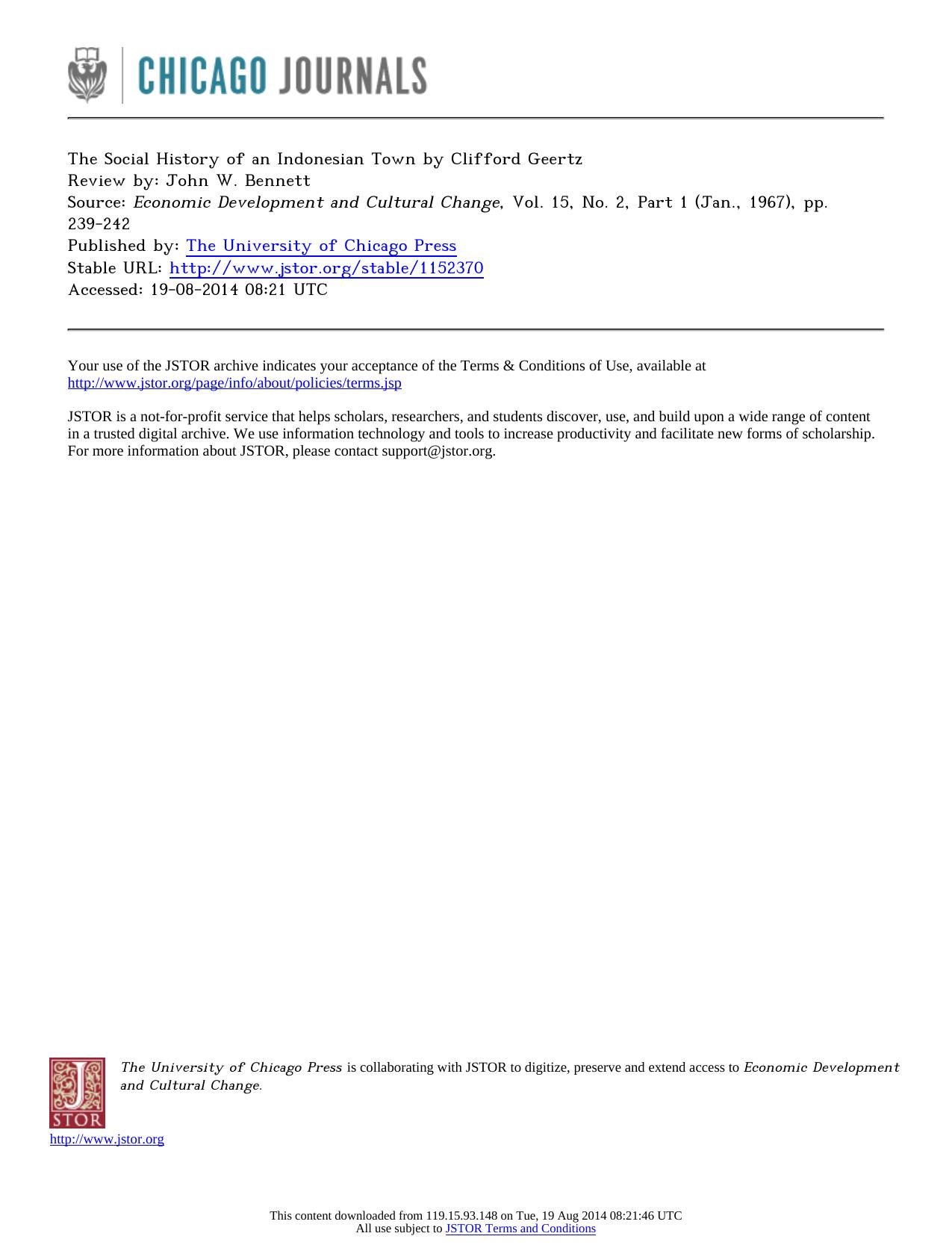 Review by John W. Bennett by The Social History of an Indonesian Town by Clifford Geertz