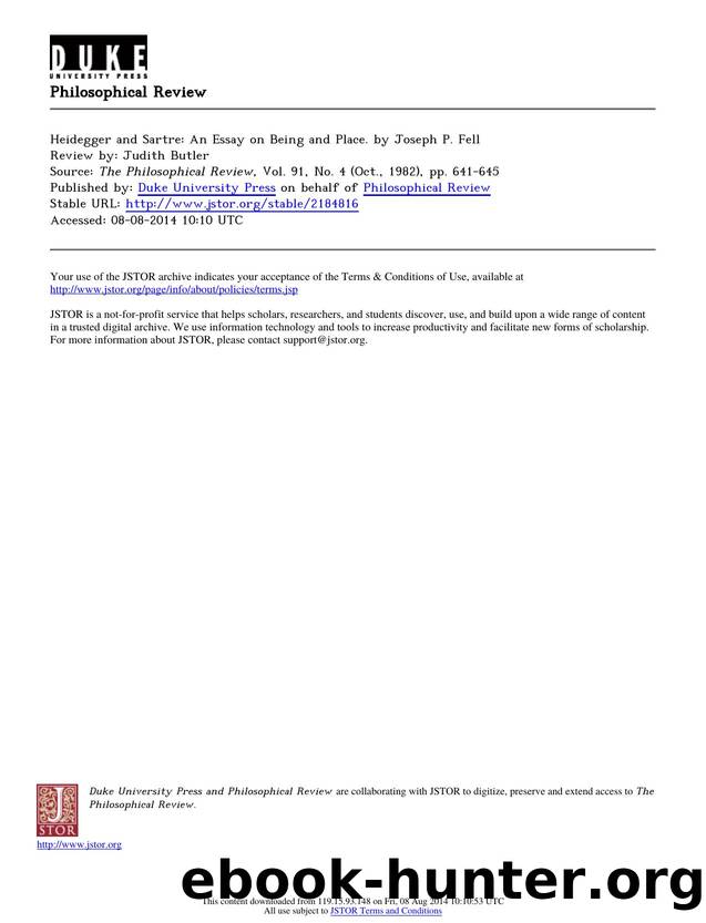 Review by Judith Butler by Heidegger & Sartre An Essay on Being & Place. by Joseph P. Fell