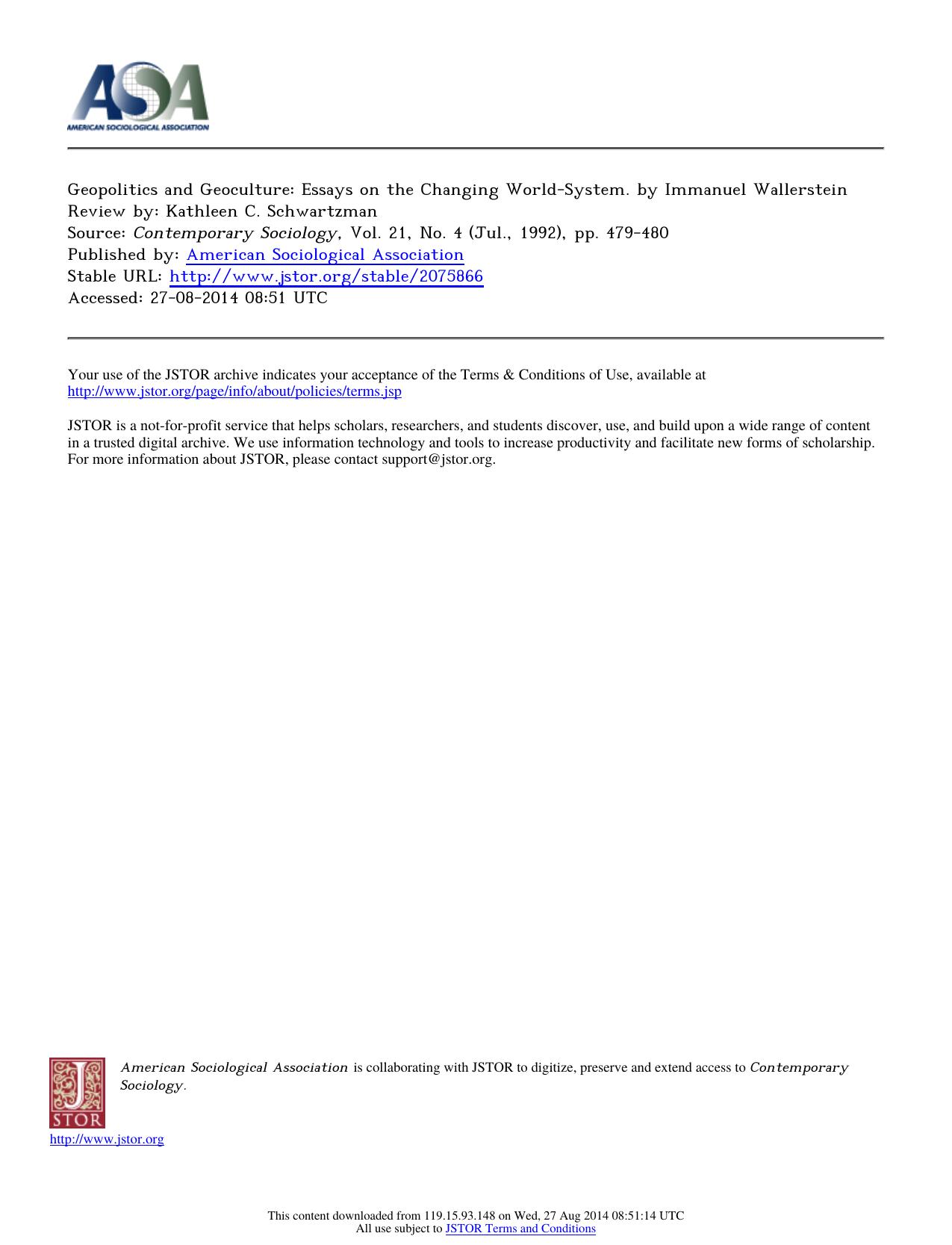 Review by Kathleen C. Schwartzman by Geopolitics & Geoculture Essays on the Changing World-System. by Immanuel Wallerstein