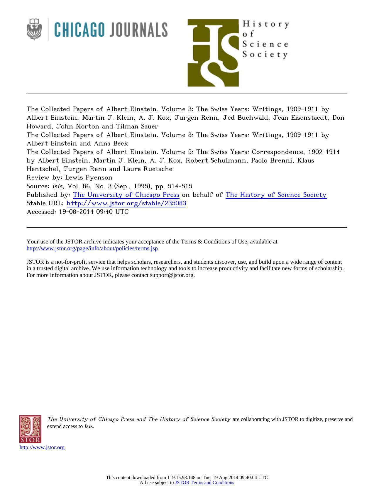 Review by Lewis Pyenson by The Collected Papers of Albert Einstein. Volume 3