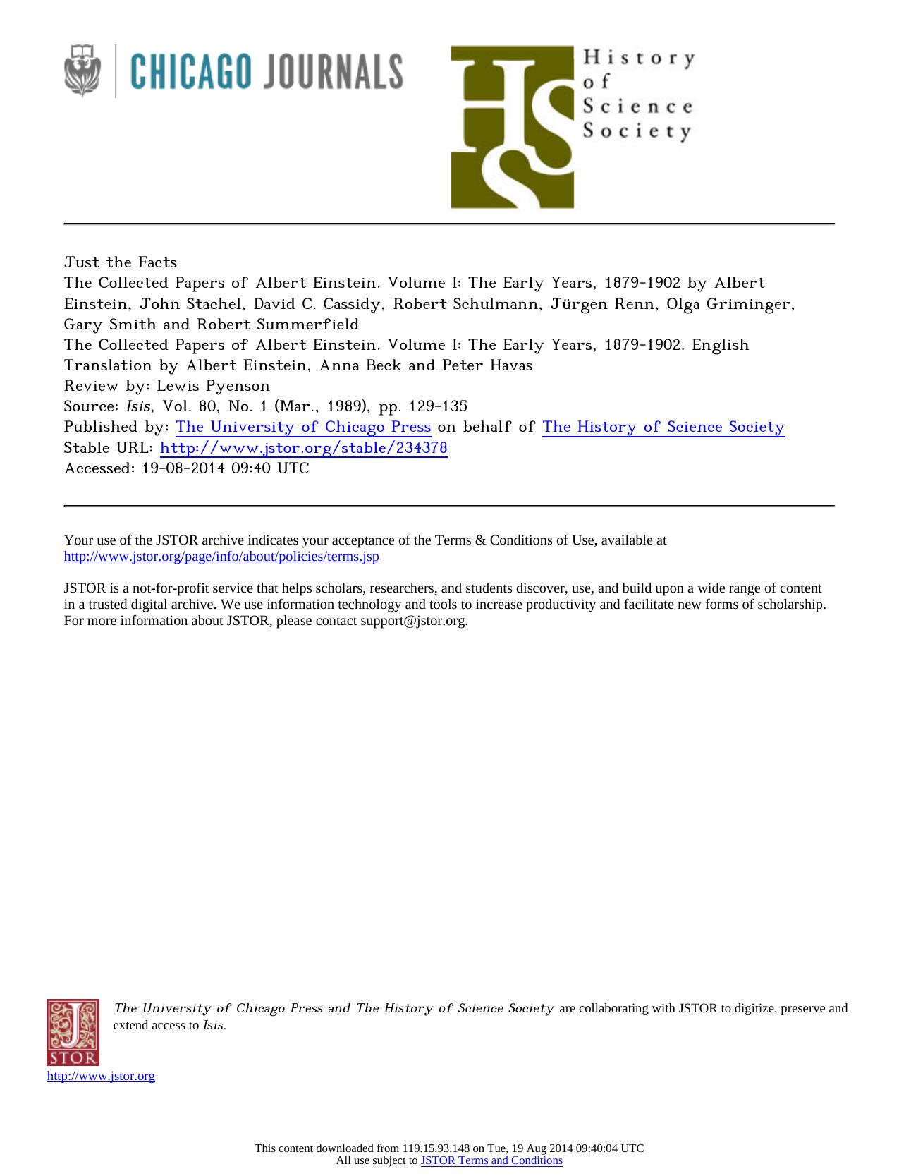 Review by Lewis Pyenson by The Collected Papers of Albert Einstein. Volume I