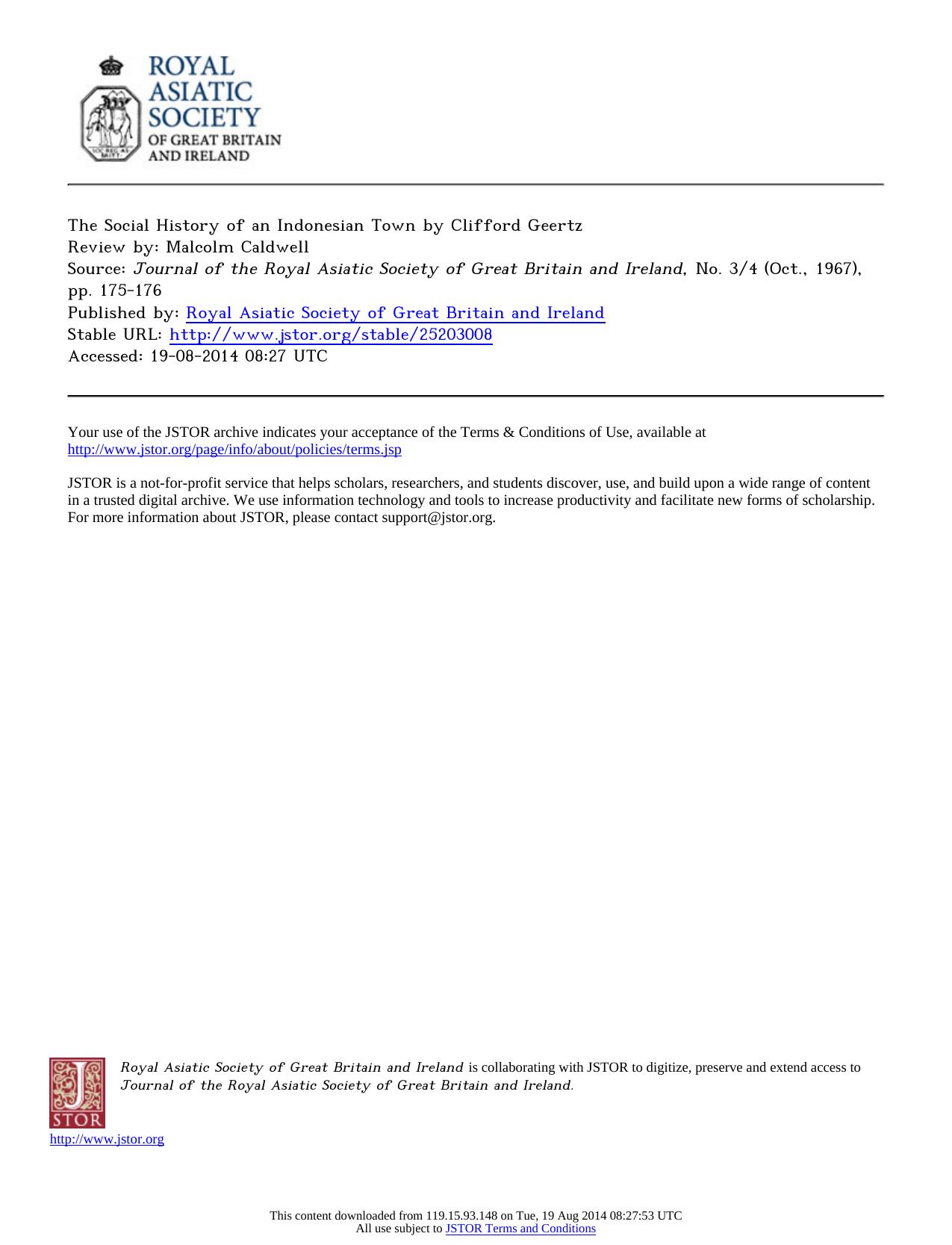 Review by Malcolm Caldwell by The Social History of an Indonesian Town by Clifford Geertz