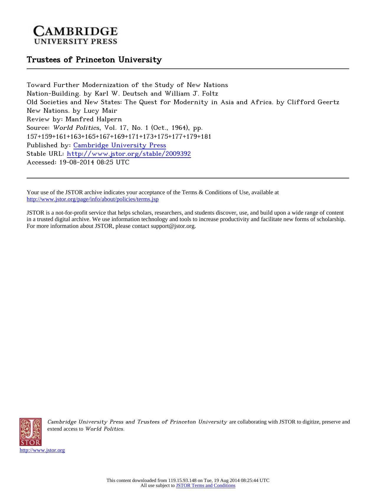 Review by Manfred Halpern by Old Societies & New States by Clifford Geertz New Nations. by Lucy Mair