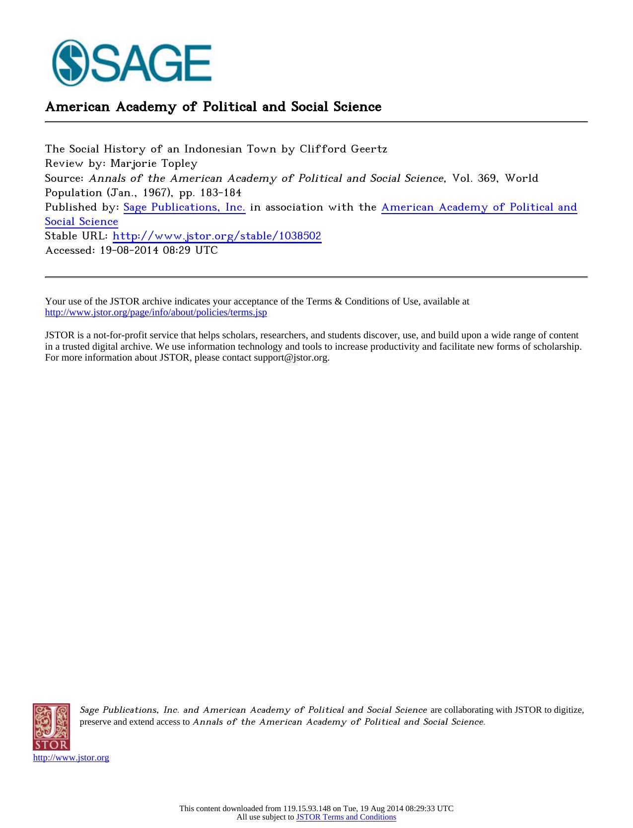 Review by Marjorie Topley by The Social History of an Indonesian Town by Clifford Geertz