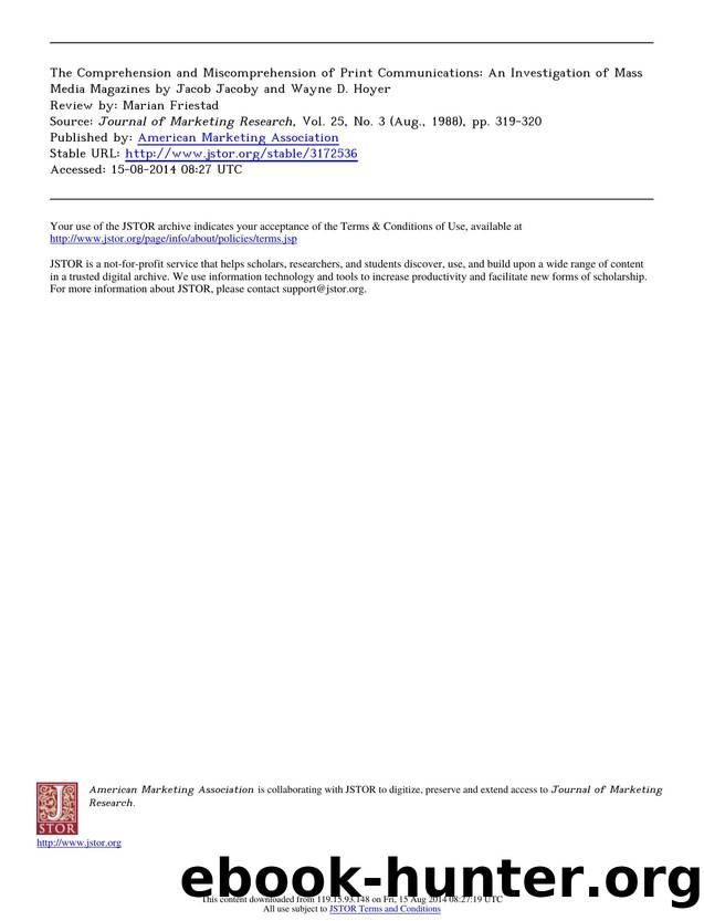 Review by Marshall McLuhan by The Comprehension & Miscomprehension of Print Communications by Jacob Jacoby & Wayne D. Hoyer