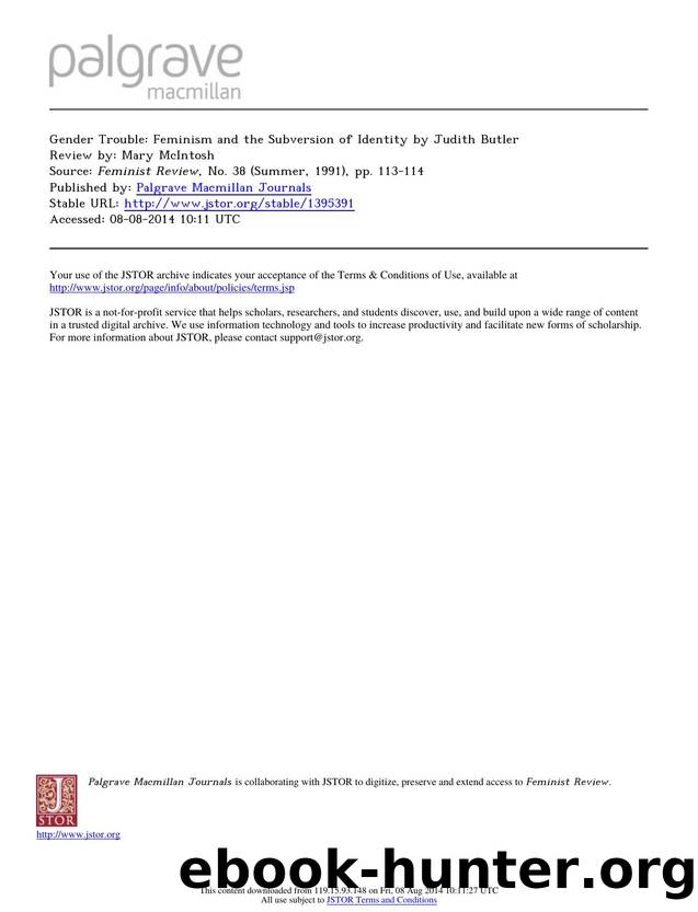 Review by Mary McIntosh by Gender Trouble Feminism & the Subversion of Identity by Judith Butler