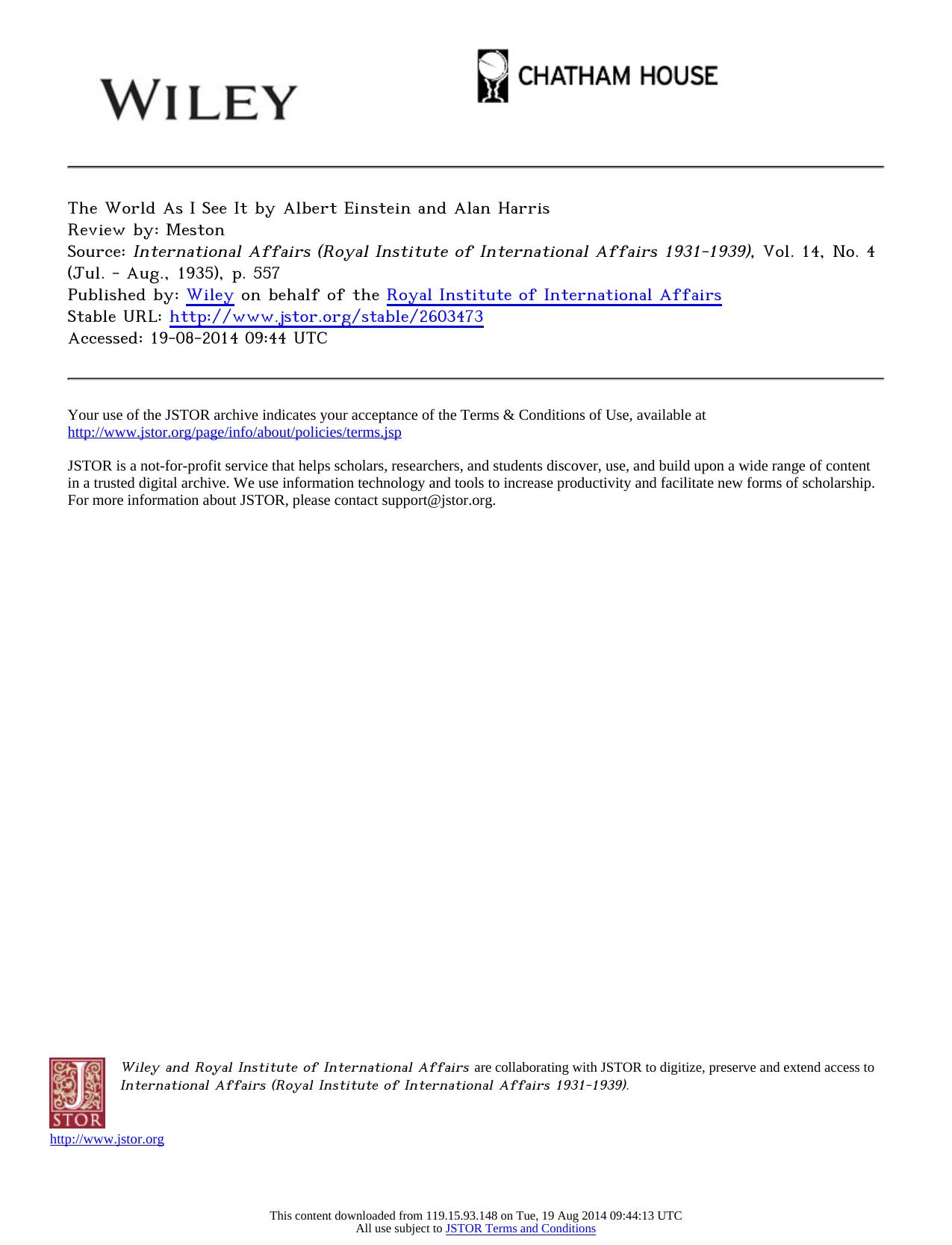 Review by Meston by The World As I See It by Albert Einstein & Alan Harris