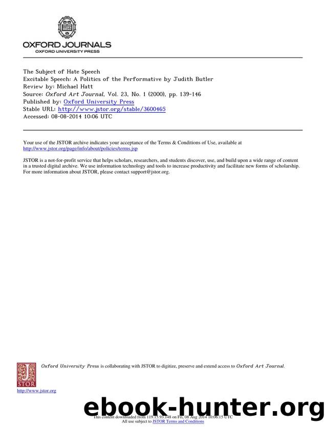 Review by Michael Hatt by Excitable Speech A Politics of the Performative by Judith Butler