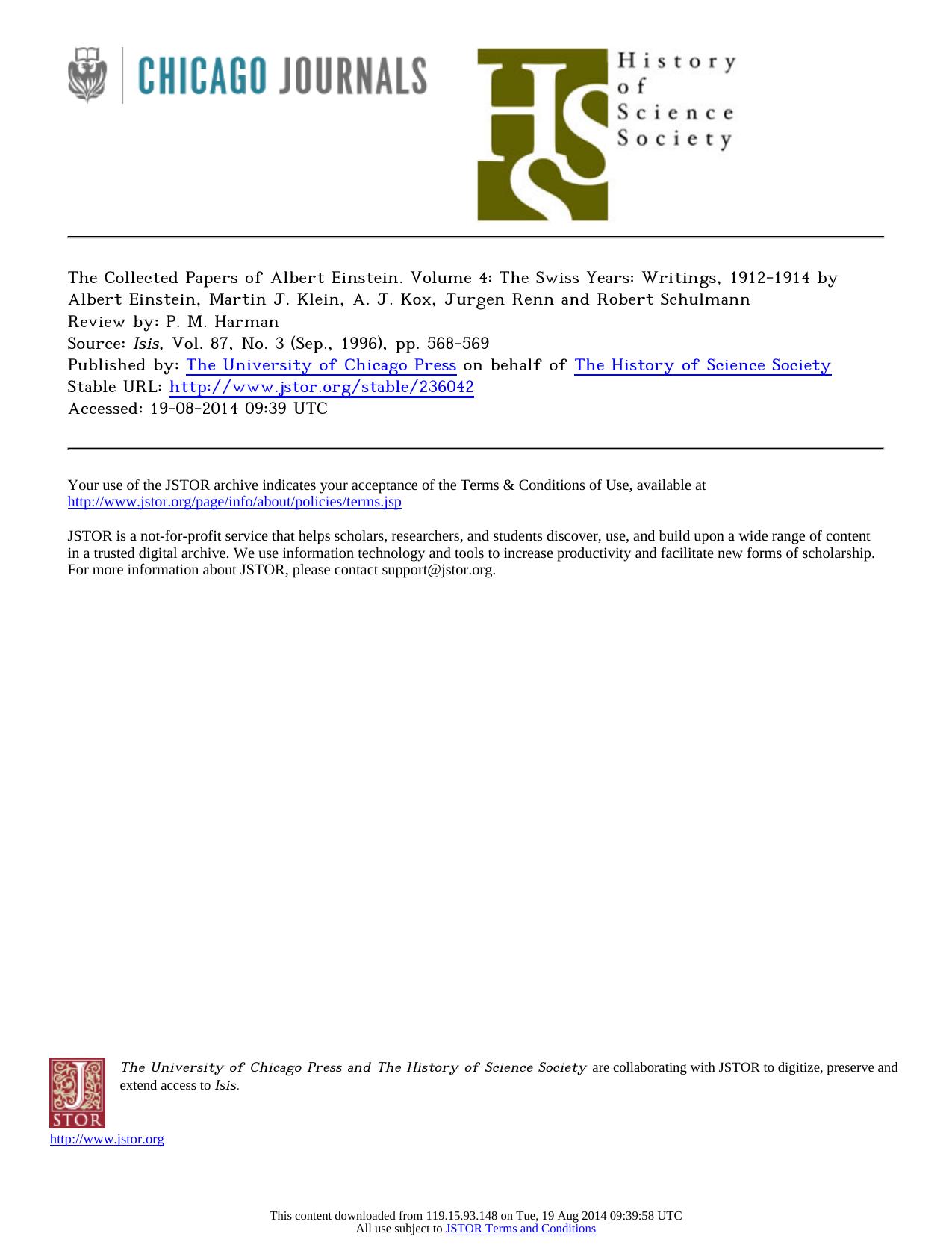 Review by P. M. Harman by The Collected Papers of Albert Einstein. Volume 4 The Swiss Years Writings
