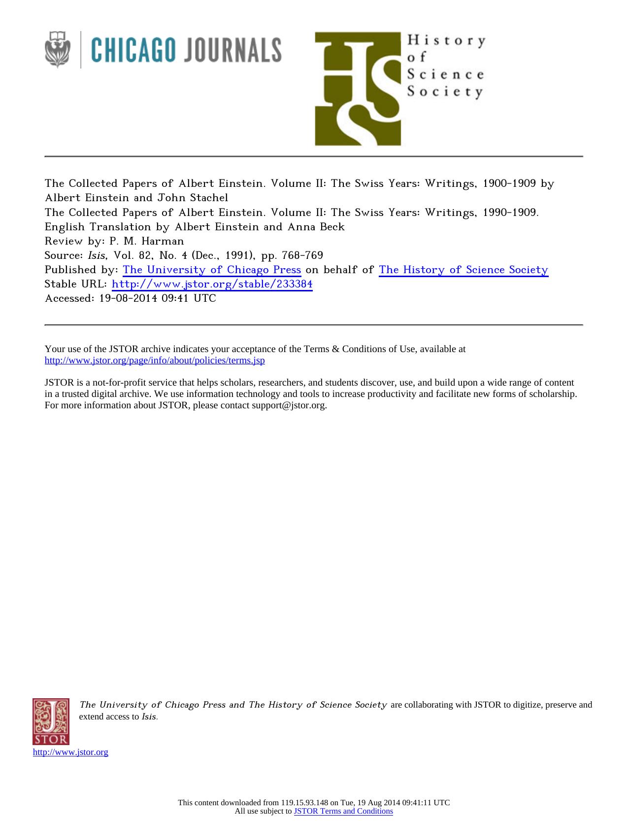 Review by P. M. Harman by The Collected Papers of Albert Einstein. Volume II