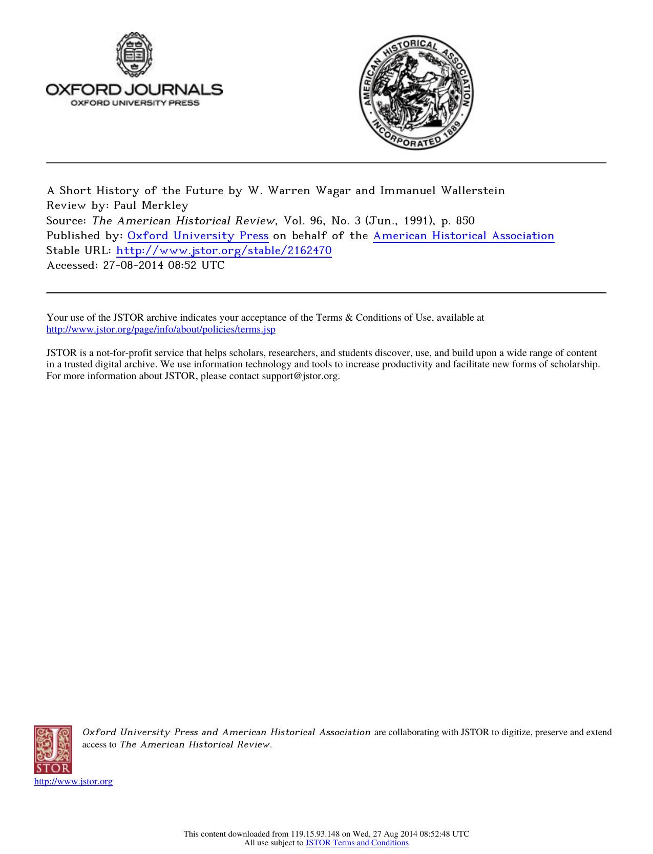 Review by Paul Merkley by A Short History of the Future by W. Warren Wagar & Immanuel Wallerstein