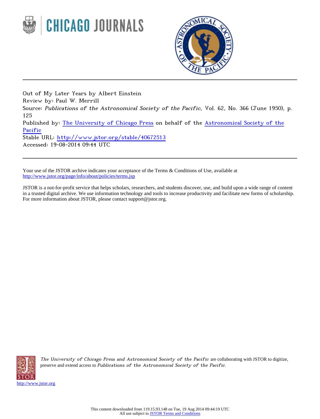 Review by Paul W. Merrill by Out of My Later Years by Albert Einstein