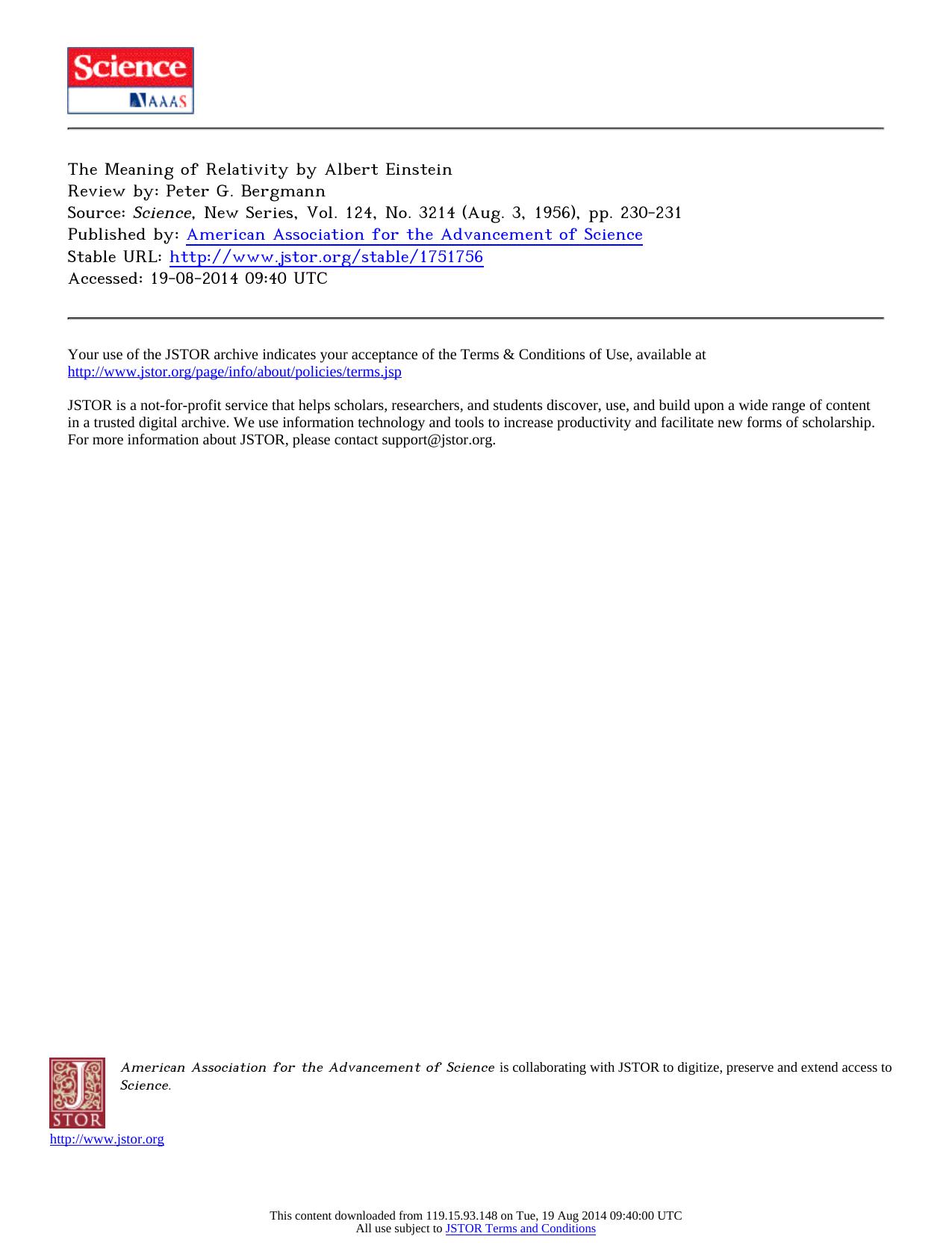 Review by Peter G. Bergmann by The Meaning of Relativity by Albert Einstein