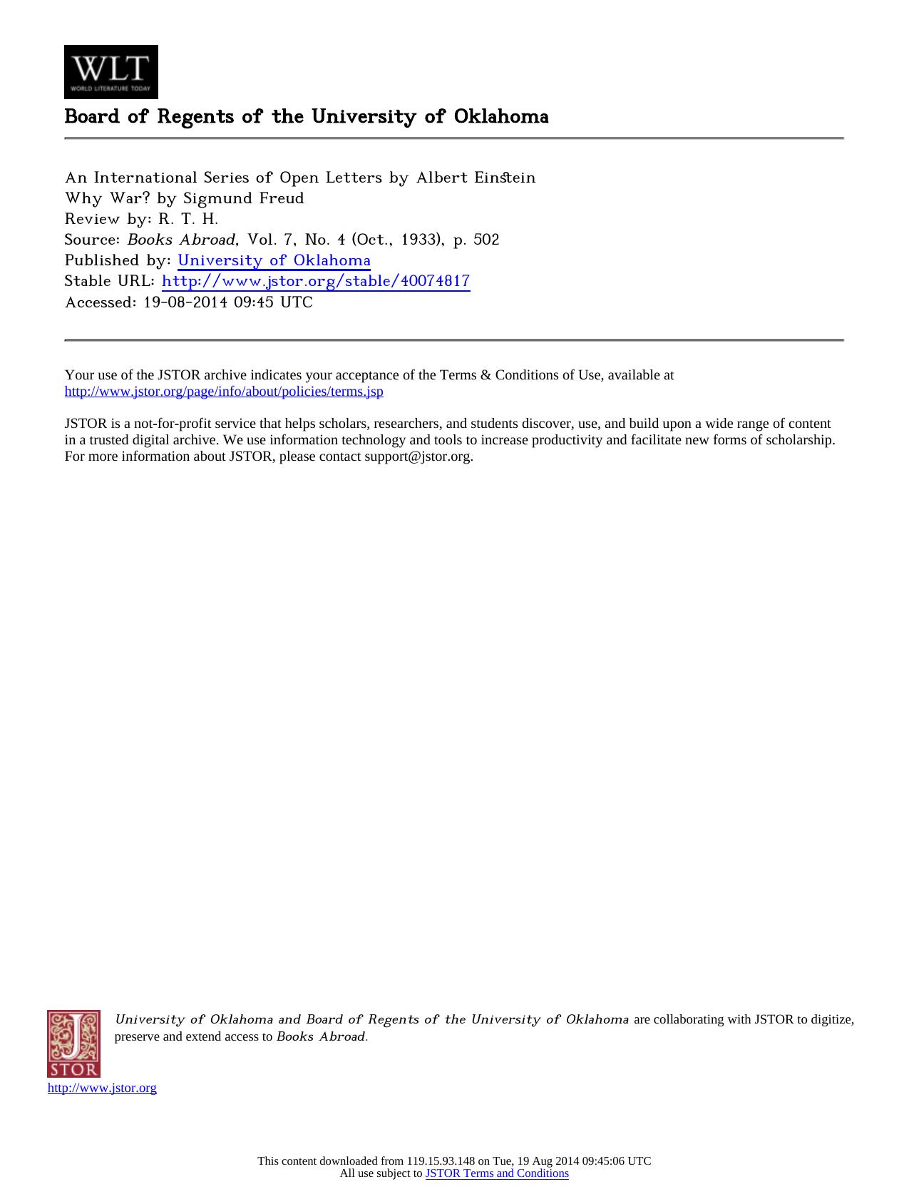 Review by R. T. H. by An International Series of Open Letters by Albert Einstein Why War by Sigmund Freud