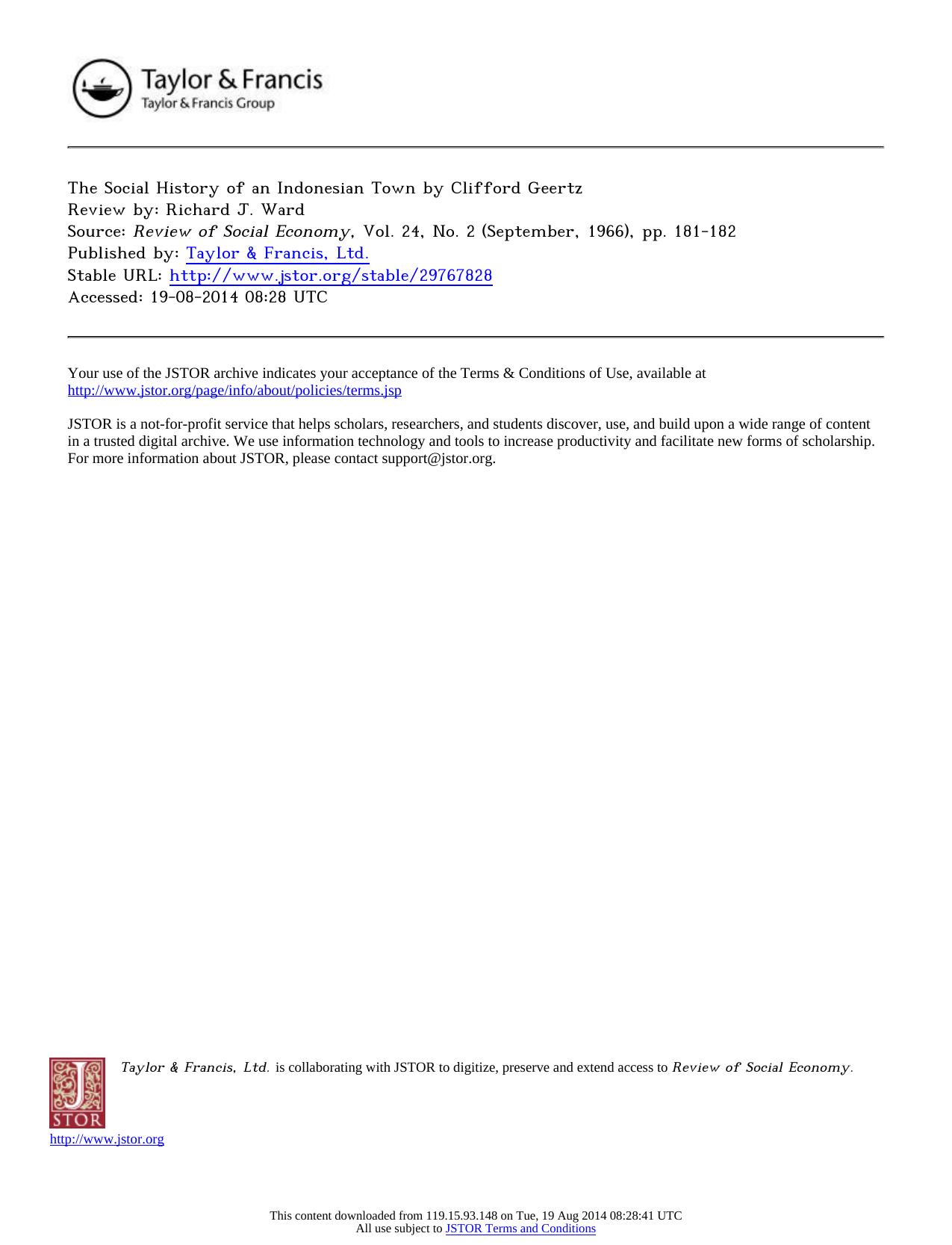 Review by Richard J. Ward by The Social History of an Indonesian Town by Clifford Geertz