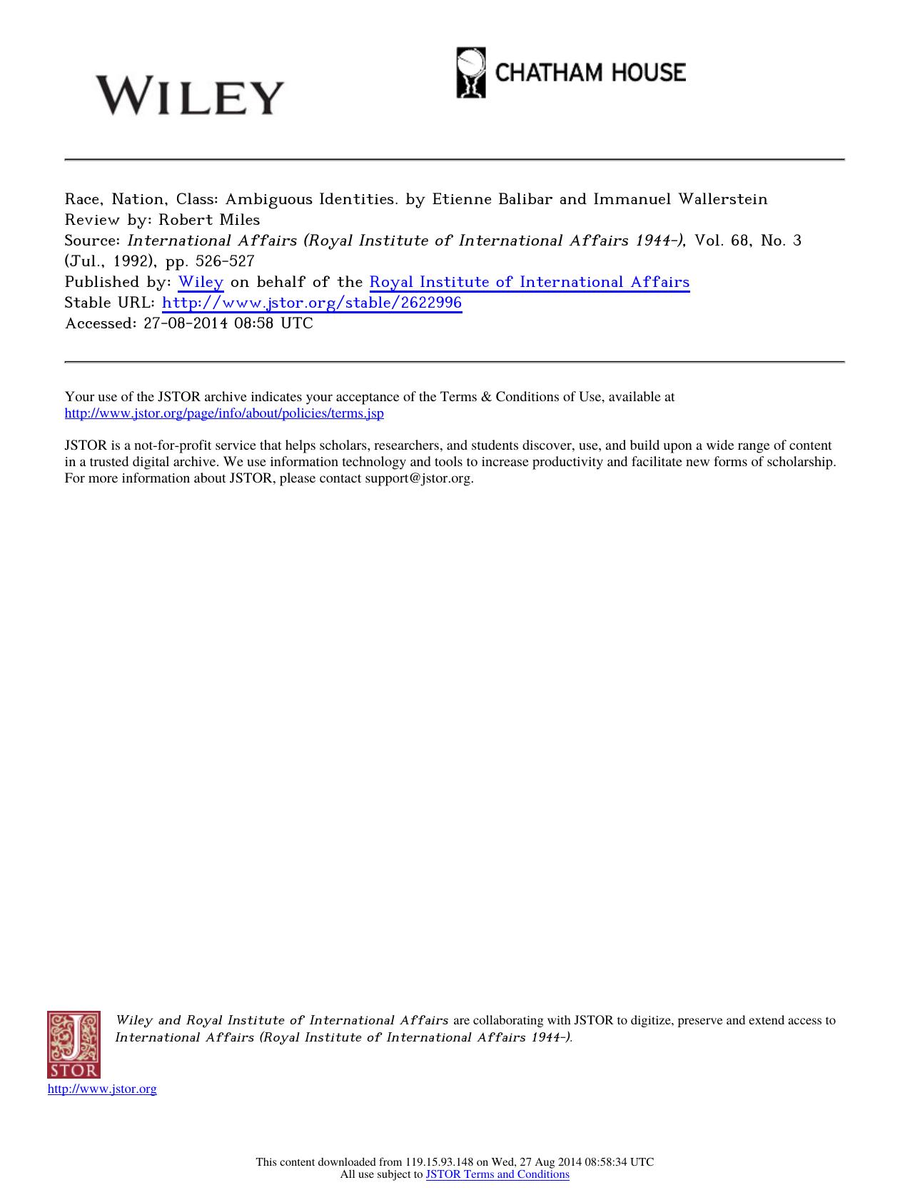 Review by Robert Miles by Race Nation Class Ambiguous Identities. by Etienne Balibar & Immanuel Wallerstein