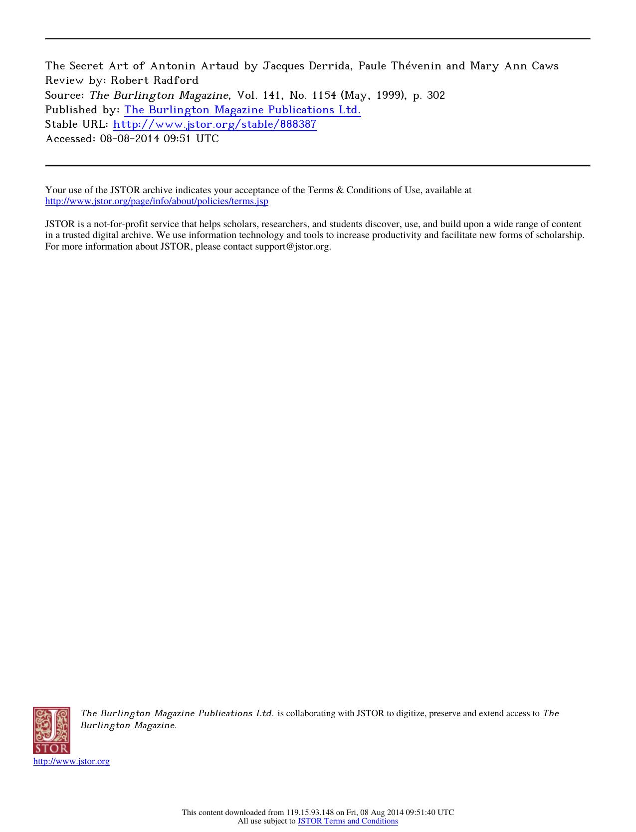 Review by Robert Radford by The Secret Art of Antonin Artaud by Jacques Derrida Paule Thévenin & Mary Ann Caws