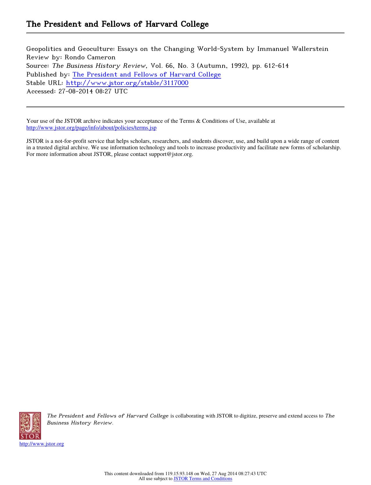 Review by Rondo Cameron by Geopolitics & Geoculture Essays on the Changing World-System by Immanuel Wallerstein
