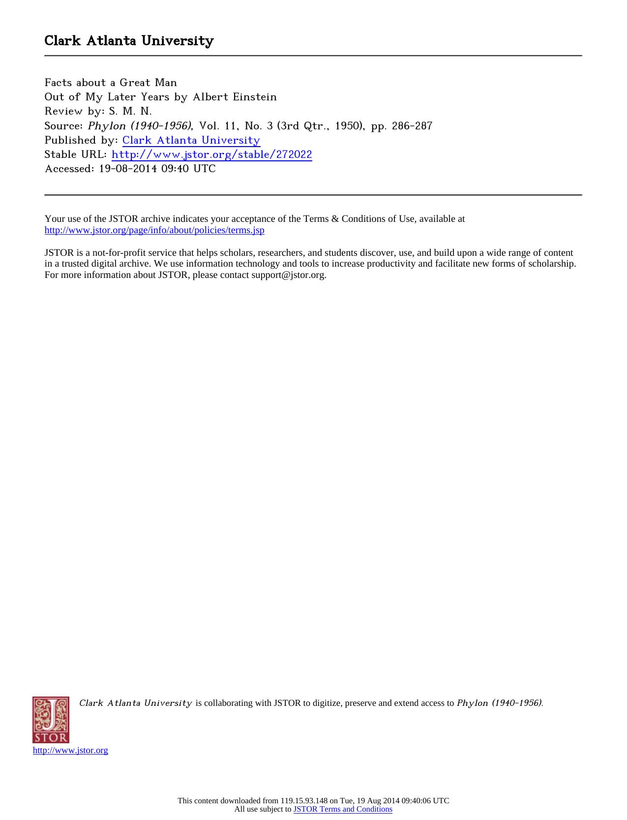 Review by S. M. N. by Facts about a Great Man Out of My Later Years by Albert Einstein