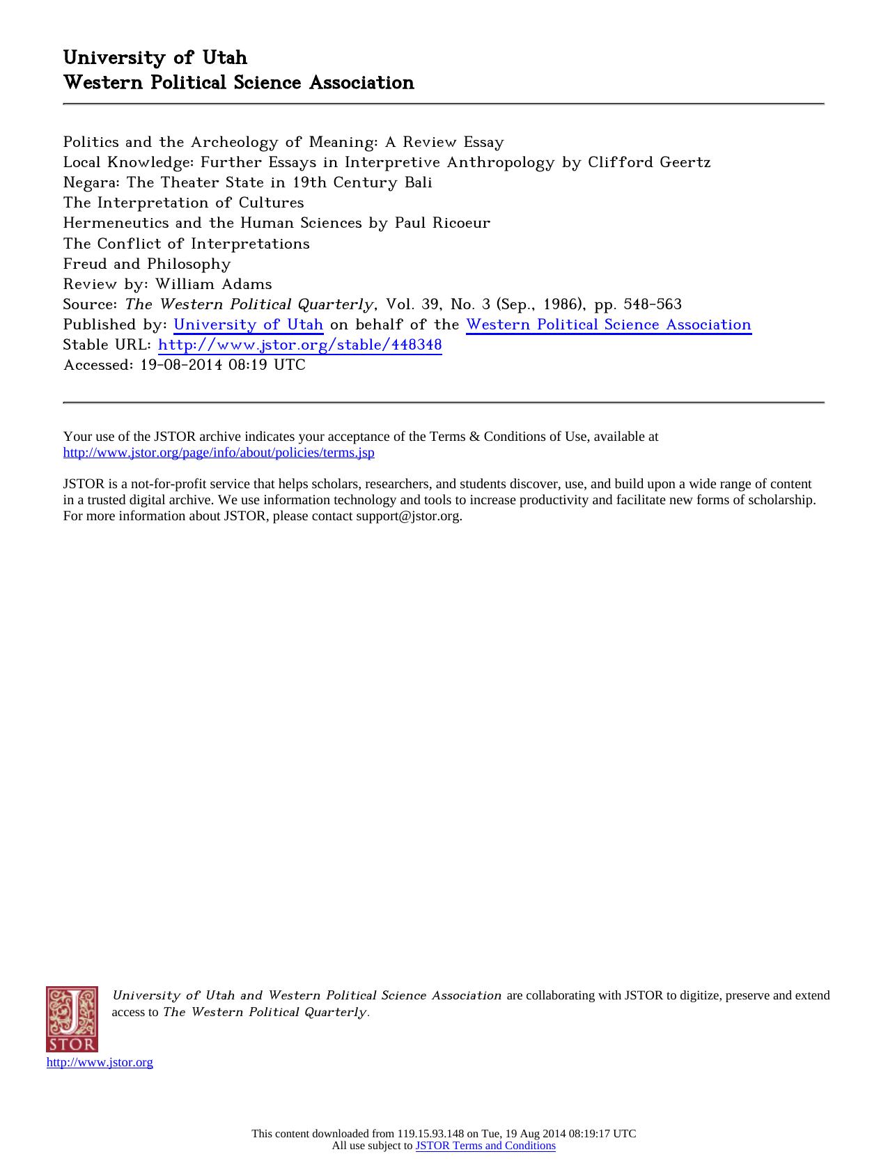Review by William Adams by Politics & the Archeology of Meaning A Review Essay