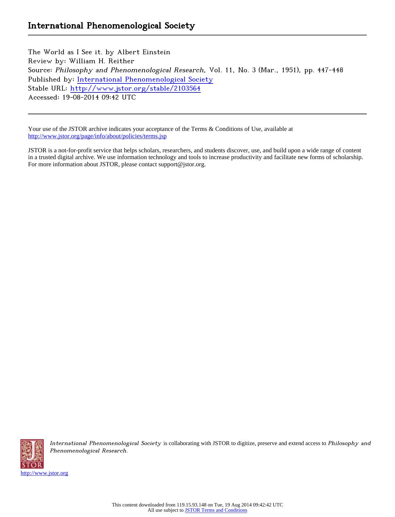 Review by William H. Reither by The World as I See it. by Albert Einstein