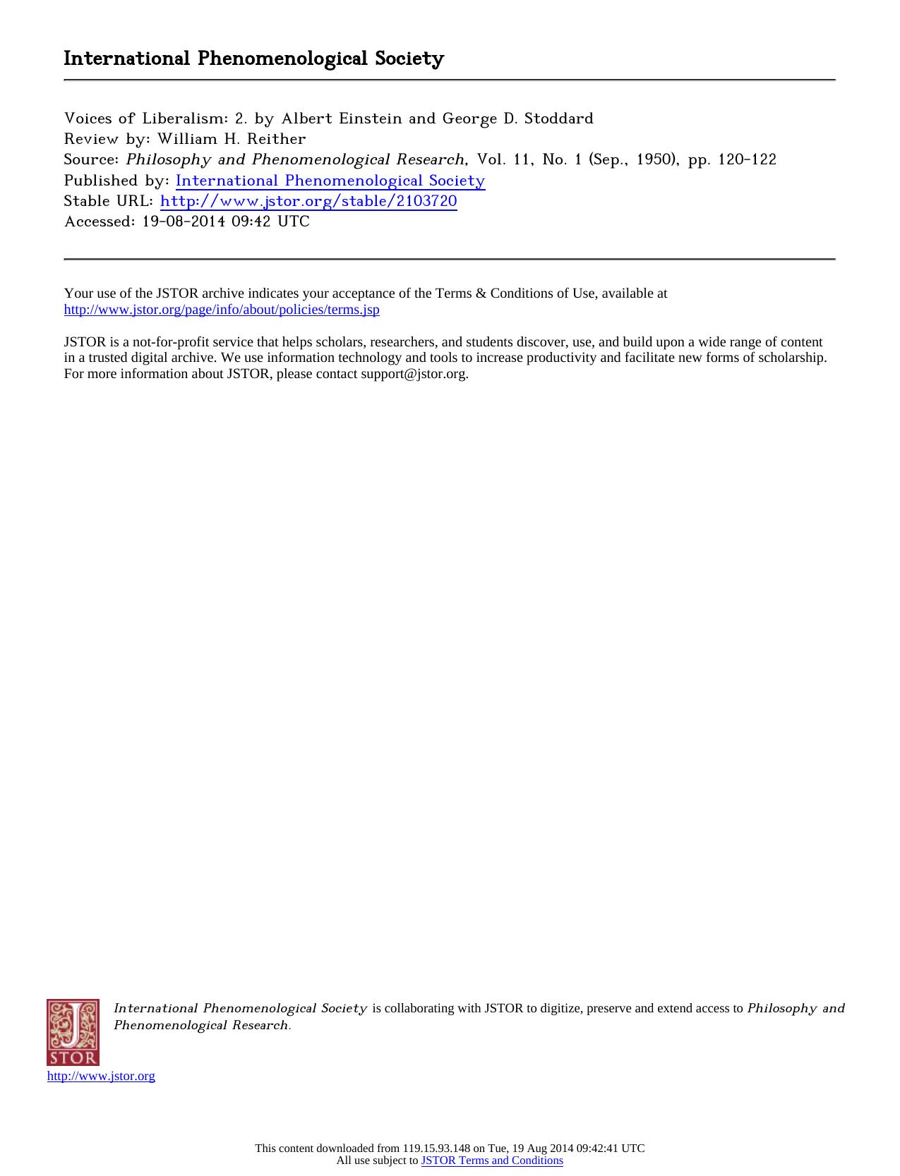 Review by William H. Reither by Voices of Liberalism 2. by Albert Einstein & George D. Stoddard
